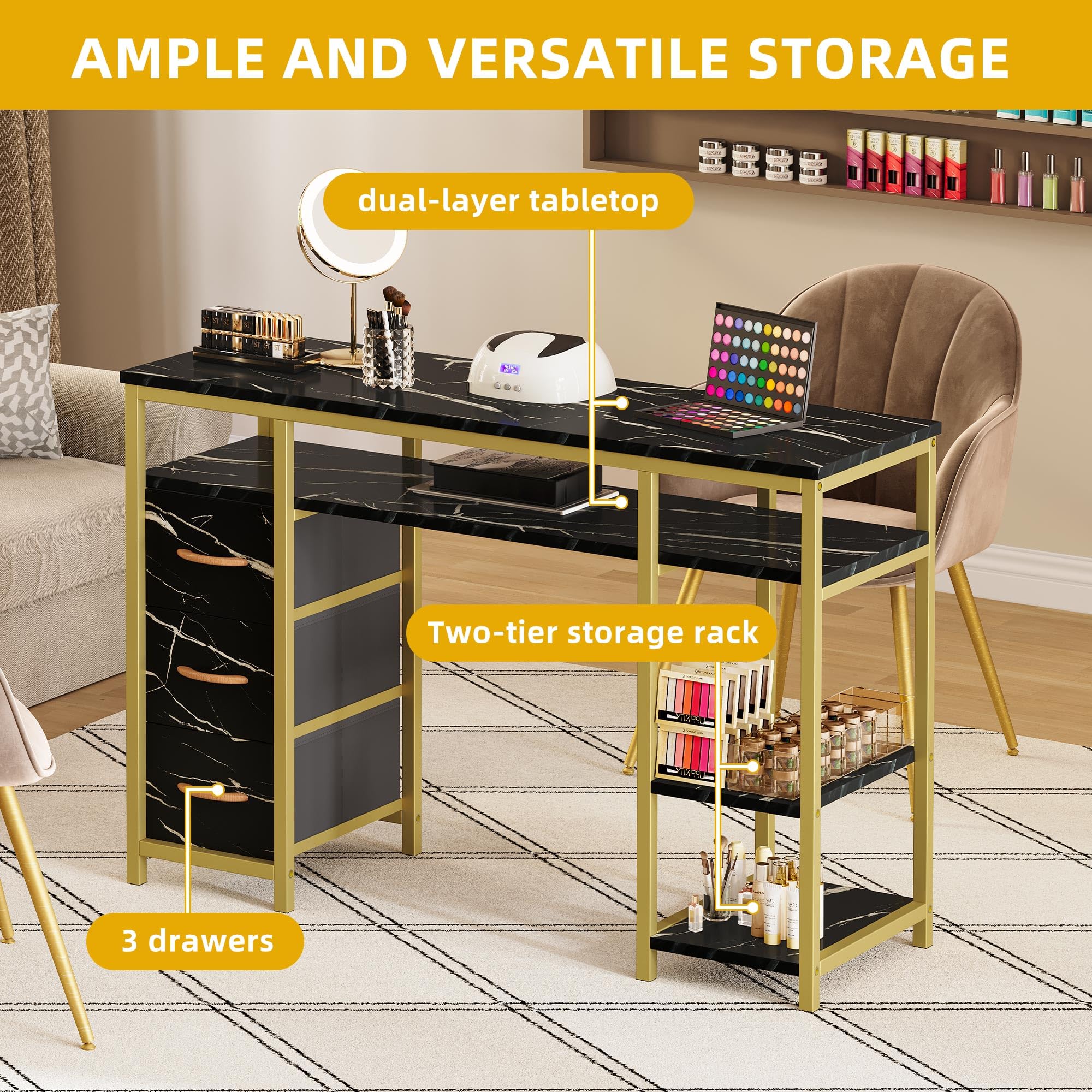 DWVO Professional Nail Desk with 3 Drawers - Marble Texture Manicure Station, Acetone-Resistant Nail Tech Table for Salon & Spa - Perfect for Nail Artists & Beauty Professionals (Black) | Ideal for Nail Extensions, Gel Polish Application & Pedicure Services