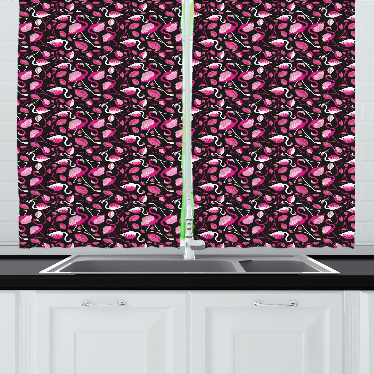 Ambesonne Tropical Long Kitchen Curtains - Exotic Hawaiian Flamingo & Leaf Print Black Pink Drapes (Set of 2) 55x45 Inch Rod Pocket Window Treatments for Beach House, Summer Decor, Dining Room & Bathroom
