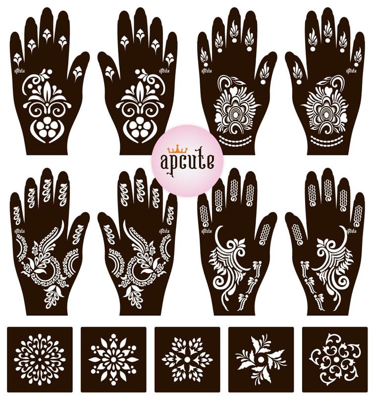 APcute Henna Tattoo Stickers Set of 13 Pieces - Temporary Mehndi Stencils for Full Hand Designs - Easy 4-Step Application for Women & Girls | Perfect for Weddings, Festivals, Parties and Body Art Enthusiasts
