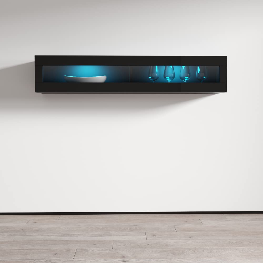 Modern Floating Media Cabinet - Durable Wooden Wall-Mounted Storage with High Gloss Finish & LED Lighting - Black Rectangular TV Stand for Living Room, Bedroom, or Home Theater