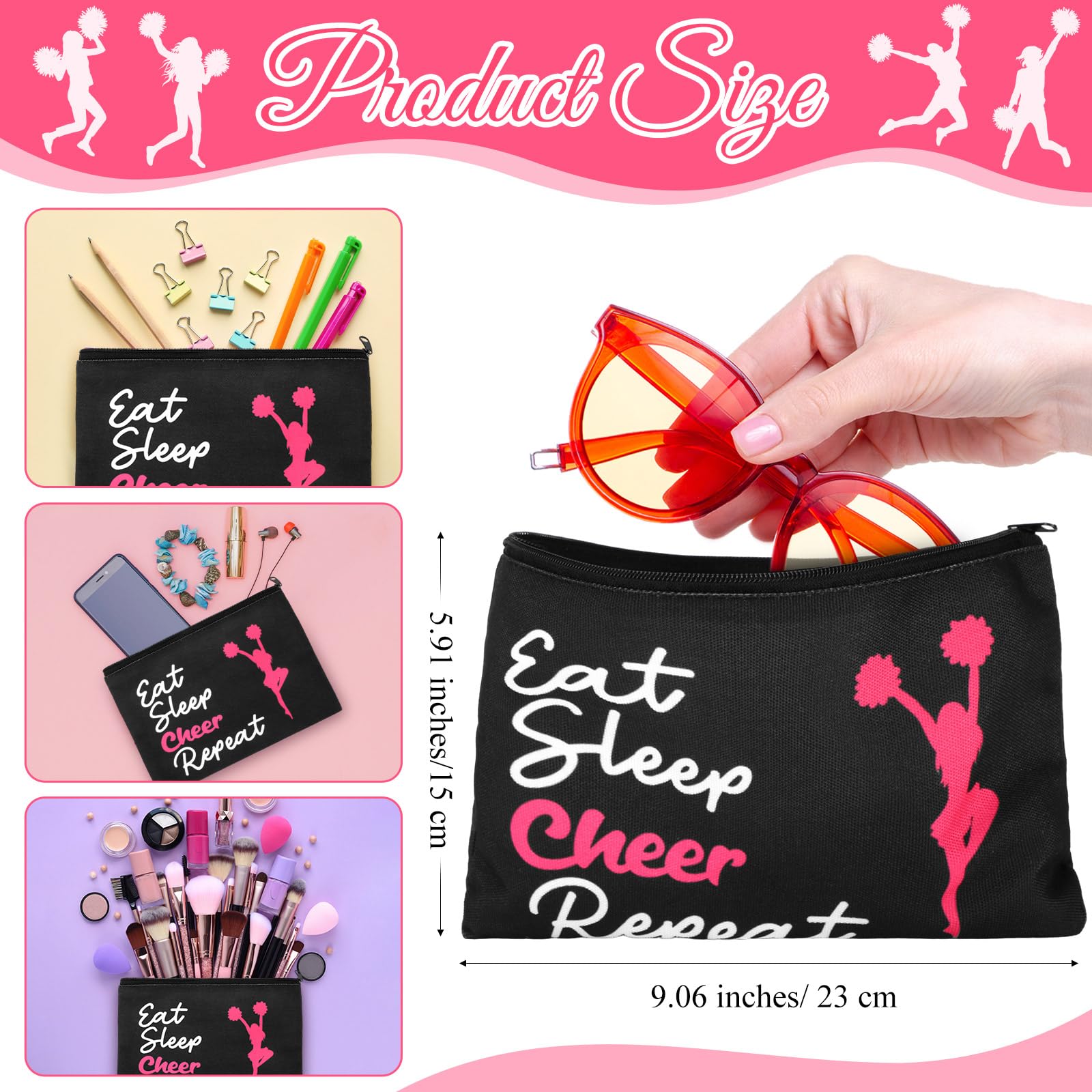 12 Pcs Makeup Bags for Women - Portable Cosmetic Organizer with Zipper, Canvas Travel Toiletry Case - Perfect for Team Party Favors, Bridesmaid Gifts & Cheerleading Events (Cheer) - Ideal for Travel, Gym, Daily Use & Makeup Storage