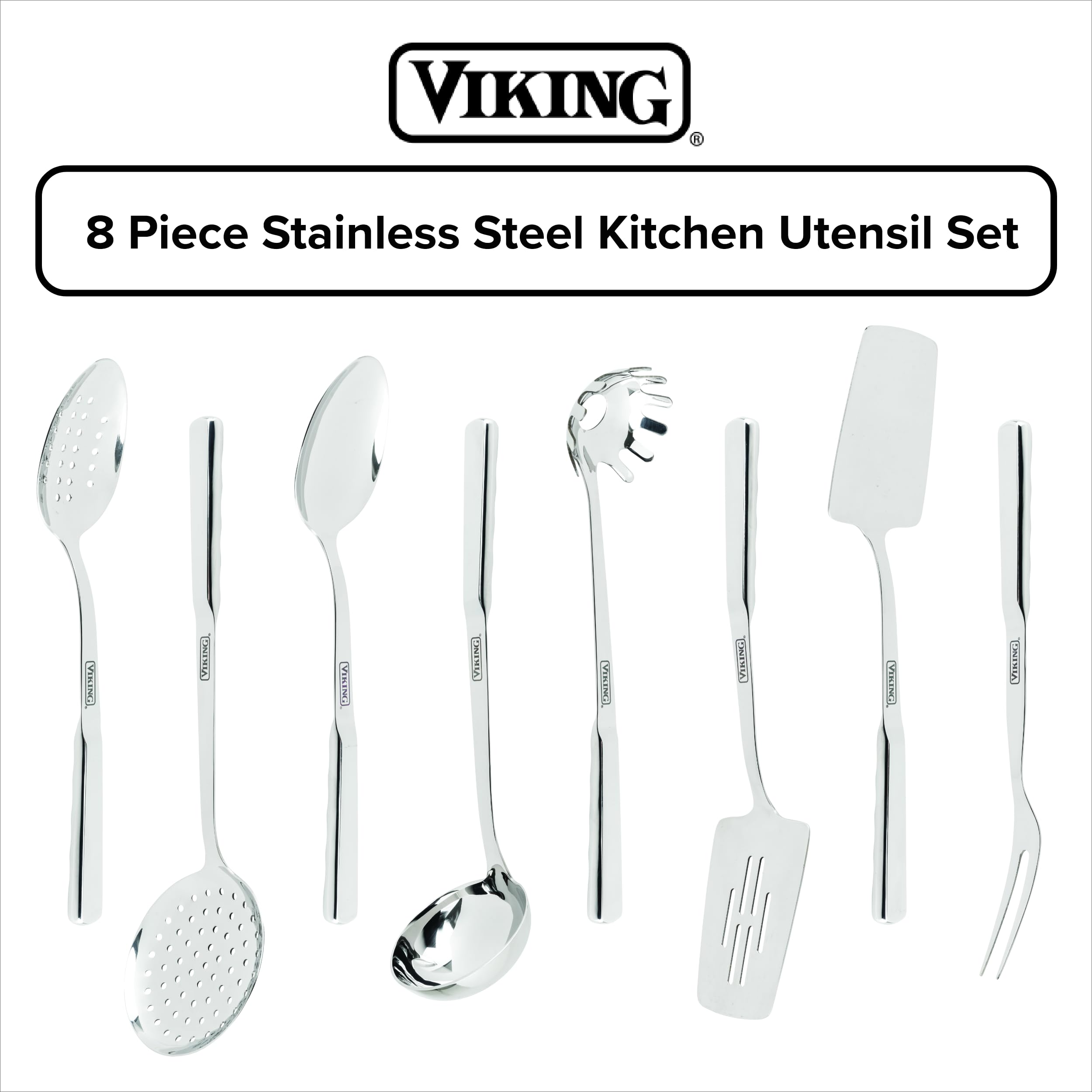 Premium 8-Piece Stainless Steel Viking Kitchen Utensil Set - Spatula, Spoon, Pasta Fork, Ladle, Meat Fork & Skimmer - Durable Silver Cooking Tools for Professional Chefs & Home Cooks - Perfect for Baking, Grilling, Frying & Everyday Meal Prep