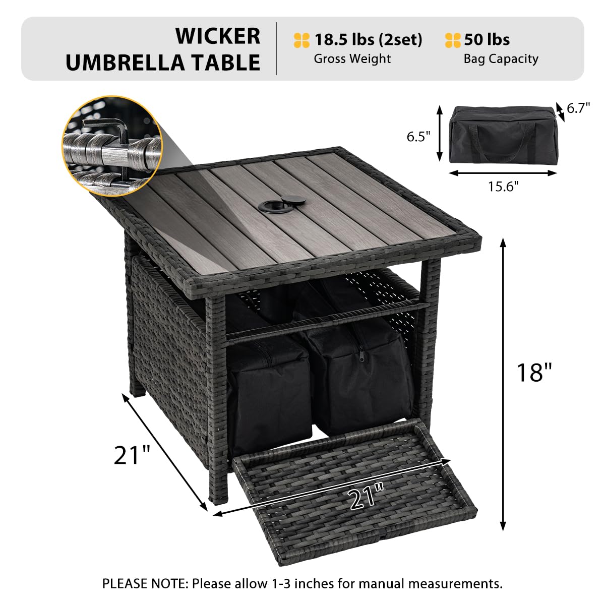Heavy Duty Sundale Outdoor Umbrella Stand with 2 Weight Bags - 22 Inch All-Weather Wicker Side Table with Umbrella Hole - Sturdy Rattan Base for Patio, Deck, Yard, Poolside & Porch (Charcoal Gray) | Perfect for Outdoor Entertaining & Relaxation