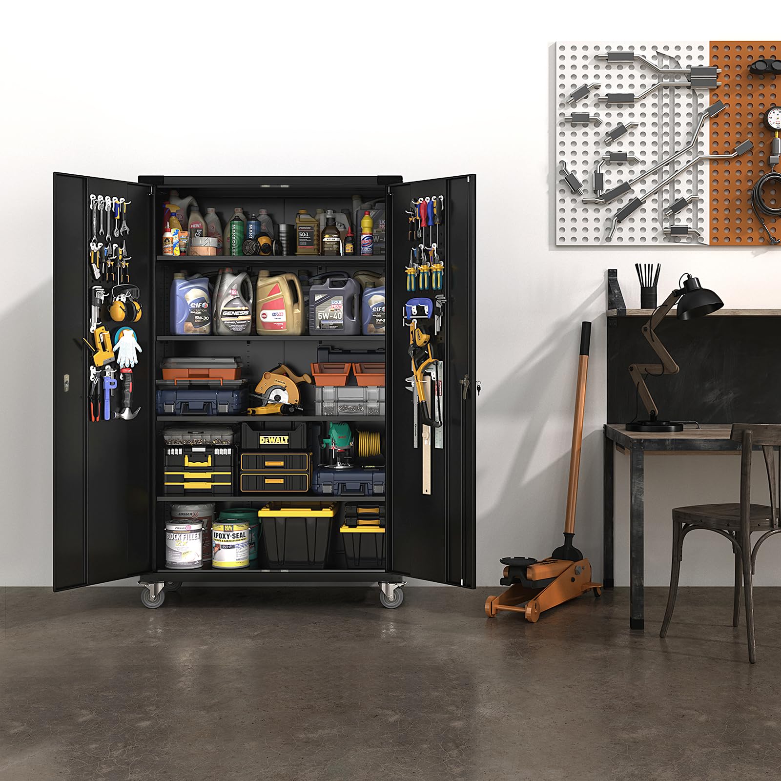 VINGLI Upgraded Wide & Deep Garage Storage Cabinet - Heavy Duty Metal Storage with Pegboards, Wheels, Locking Doors & Adjustable Shelves (Black, 43