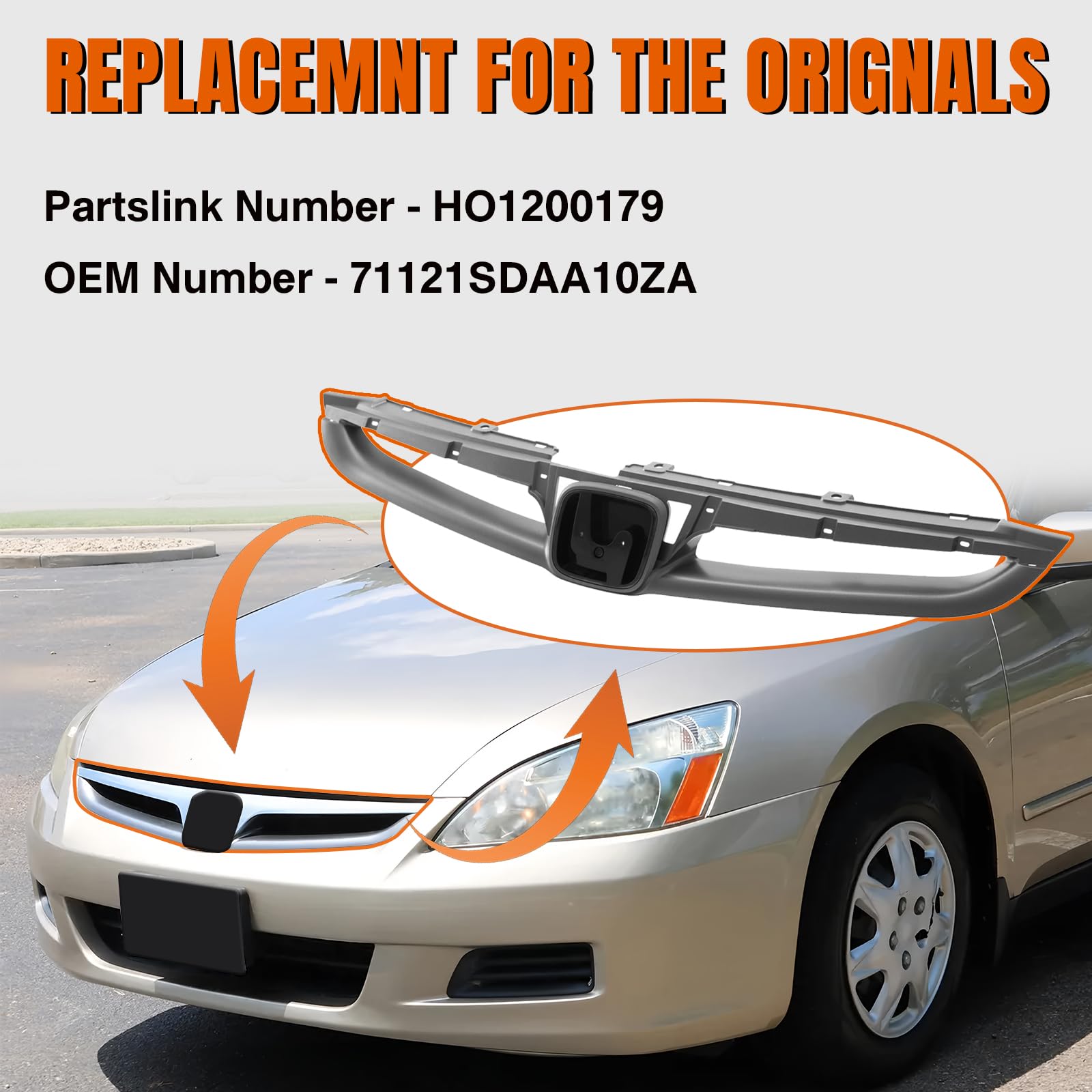 2006-2007 Honda Accord Sedan Front Grille Assembly - Gray Silver Replacement (Part# HO1200179 71121SDAA10ZA) | Perfect Fit & Durable Design for Car Restoration & Customization