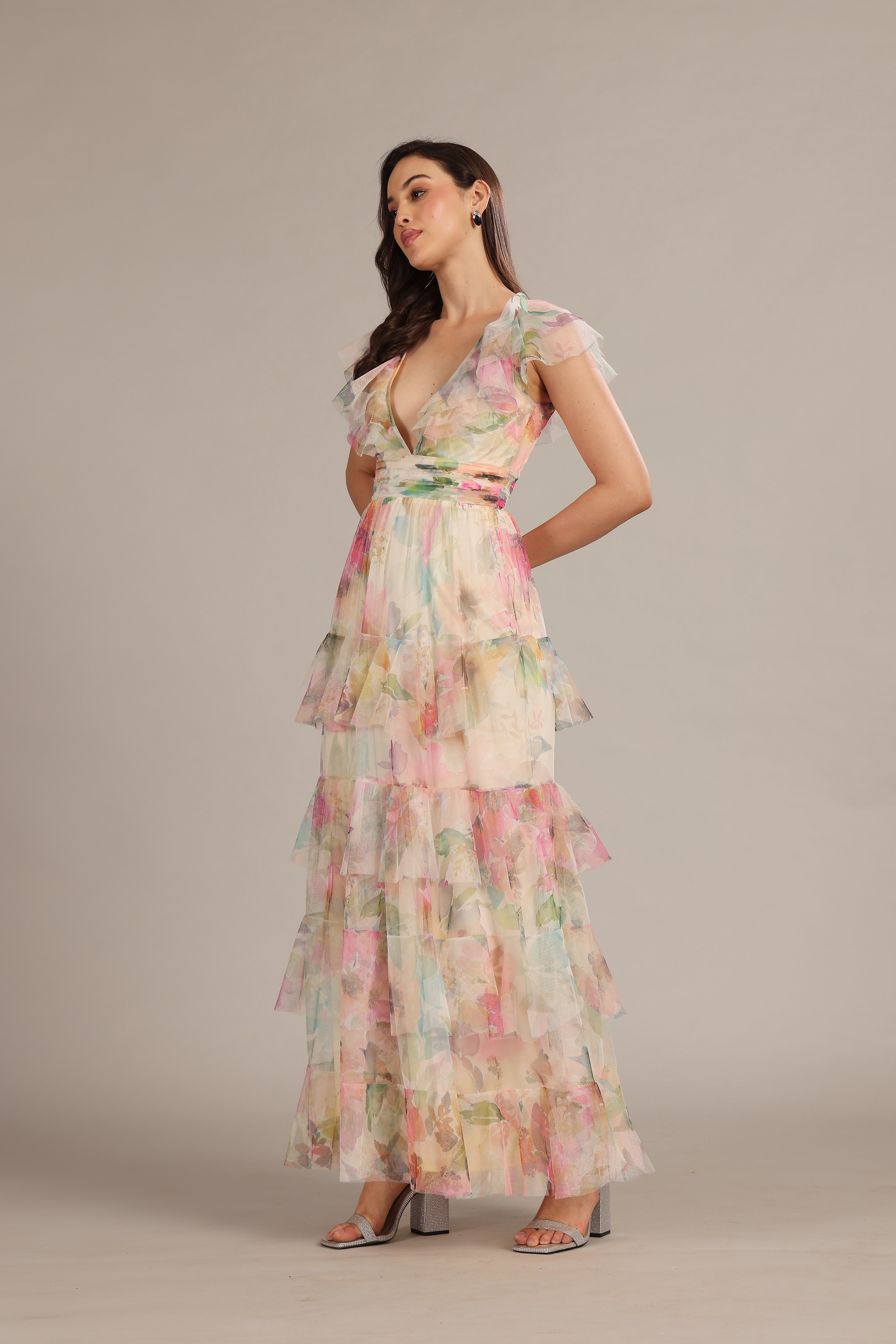Olympia Maxi Dress in Cream Pink Floral - Elegant Long Summer Dress for Women, Beach Wedding Guest Outfit, Boho Chic Flowy Dress for Vacation & Special Occasions