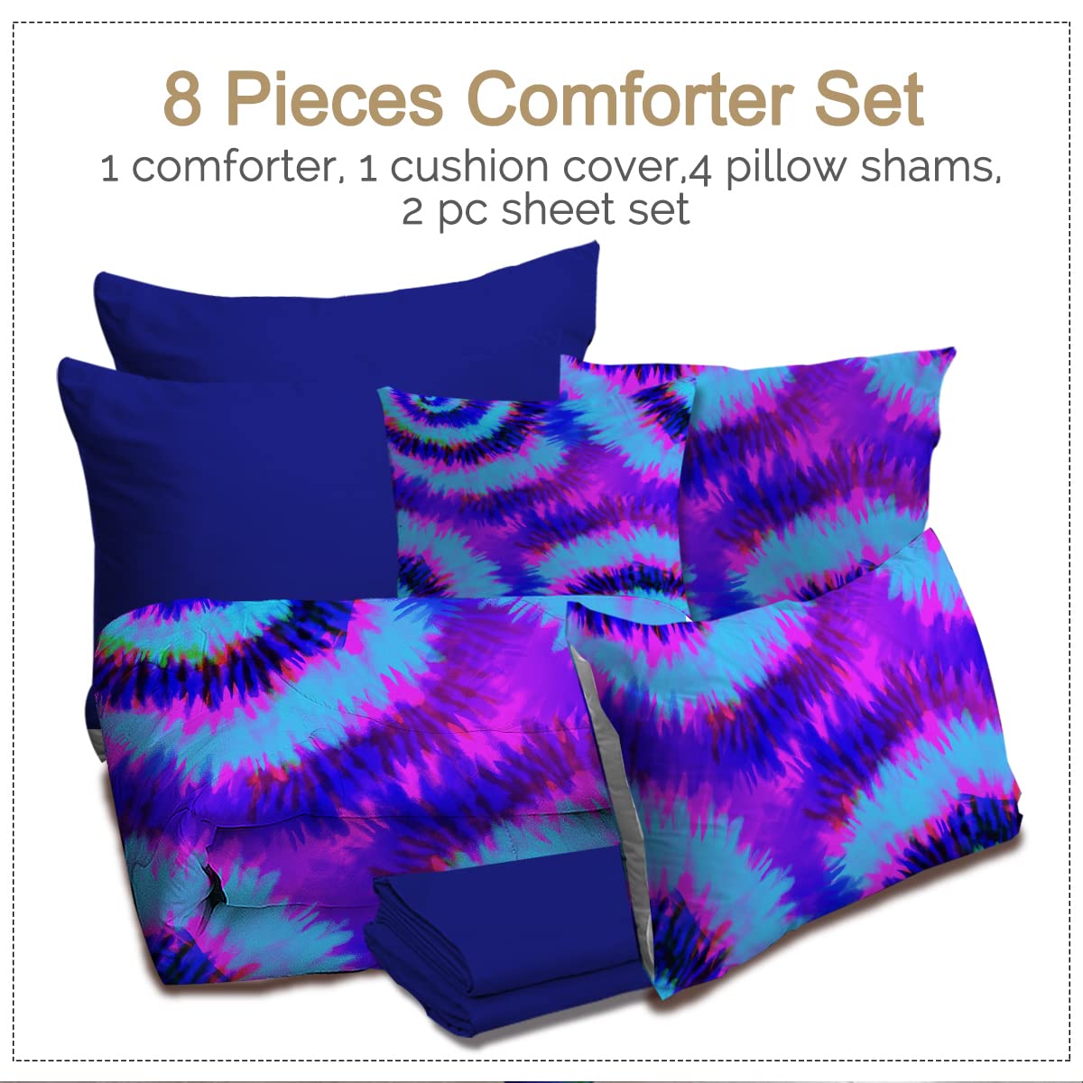 BlessLiving Artsy Tie Dye 8-Piece Queen Comforter Set - Purple Pink Blue Boho Bedding with Comforter, Sheets, Pillowcases, Shams & Cushion Cover | Perfect for Teen Girls' Rooms, Dorm Decor & Bohemian Bedroom Style