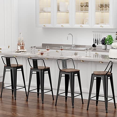 Changjie 24 Inch Swivel Metal Bar Stools Set of 4 - Matte Black Industrial Kitchen Counter Height Stools with Wooden Seat | Perfect for Home Bar, Kitchen Island & Restaurant Use