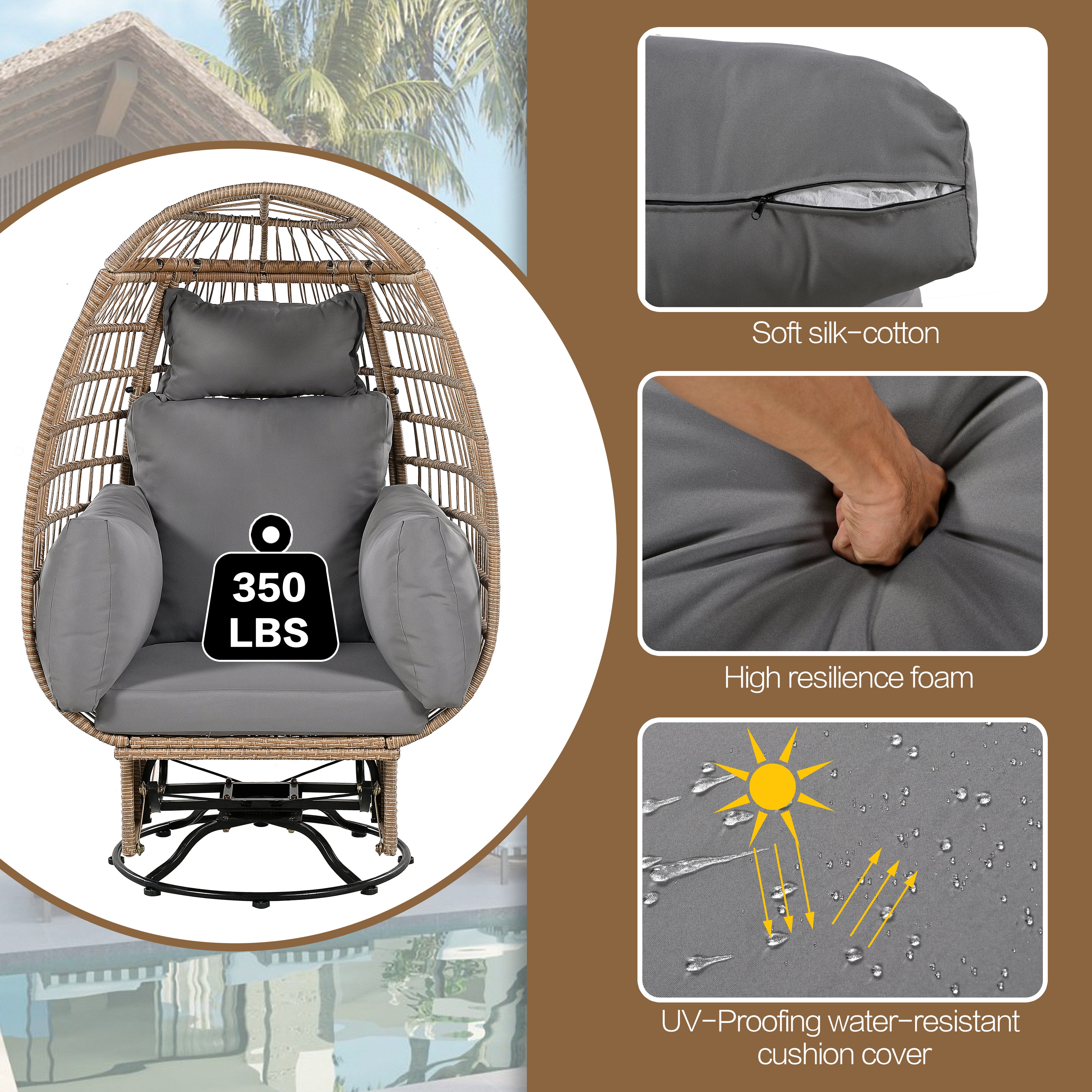 Outdoor Swivel Rocking Chair with Cushions - Rattan Egg Patio Chair for Balcony, Poolside, Garden - Perfect for Relaxing, Lounging & Sunbathing