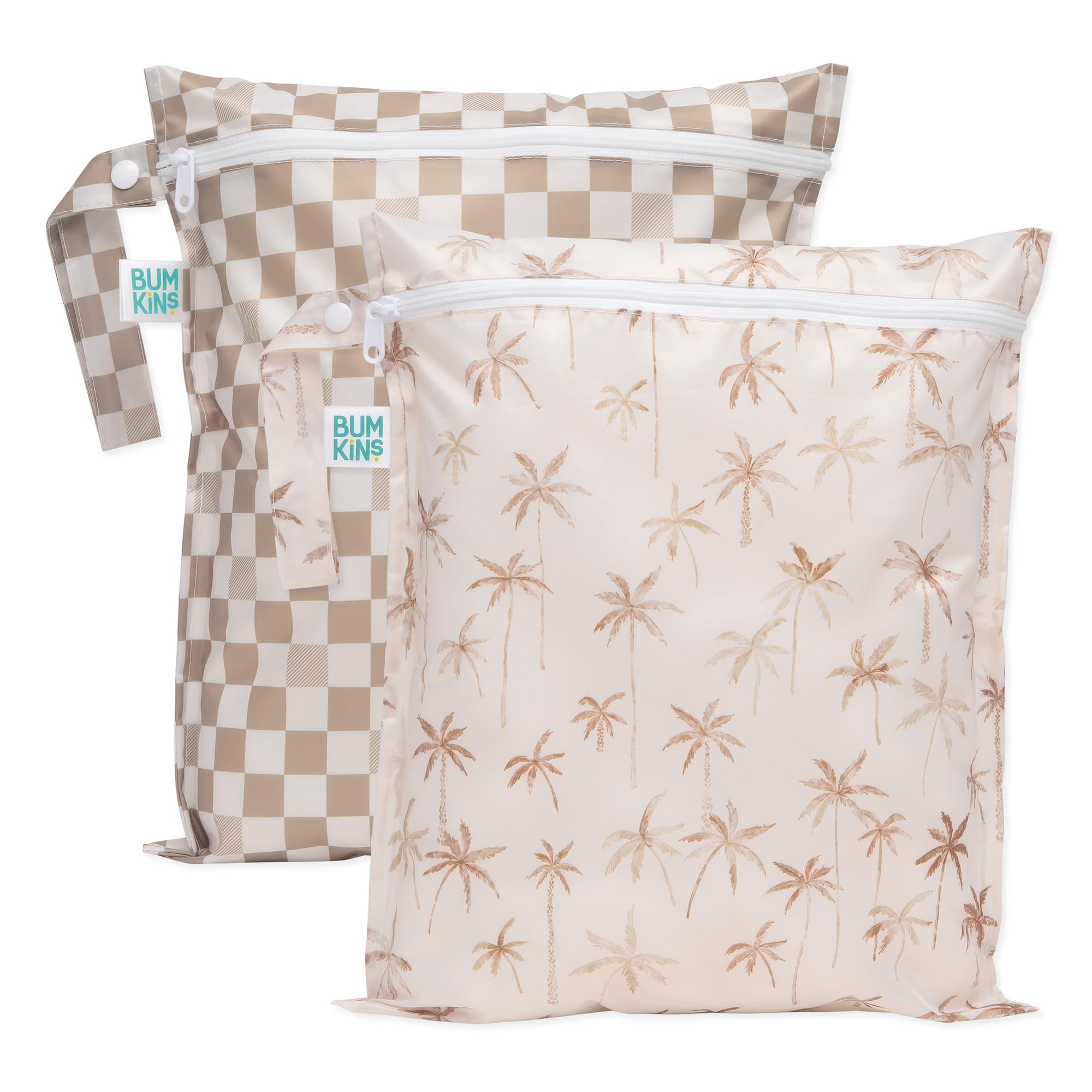 Bumkins Waterproof Wet Dry Bag 2-Pack - Reusable Travel Wet Bag for Baby Swimsuits, Cloth Diapers & Pump Parts | Beach, Pool, Gym & Daycare Essentials | Stroller Hook & Zipper Closure | Palm Tree Design, Beige Check Pattern | Perfect for On-the-Go Parents & Active Families