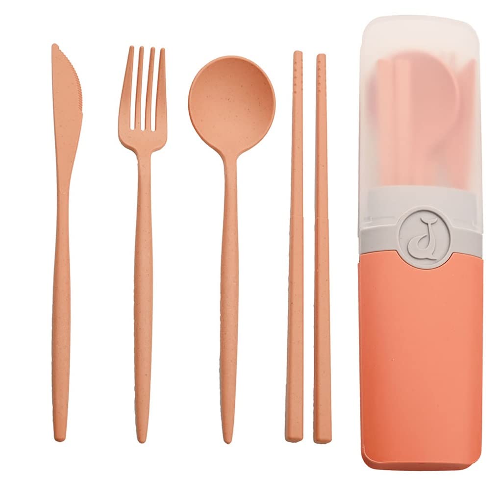 5Pcs Travel Cutlery Set - Portable Utensil Kit with Knife, Fork, Spoon, Chopsticks & Straw | Compact Dinnerware for Camping, Picnic, Office & Student Meals (Orange)