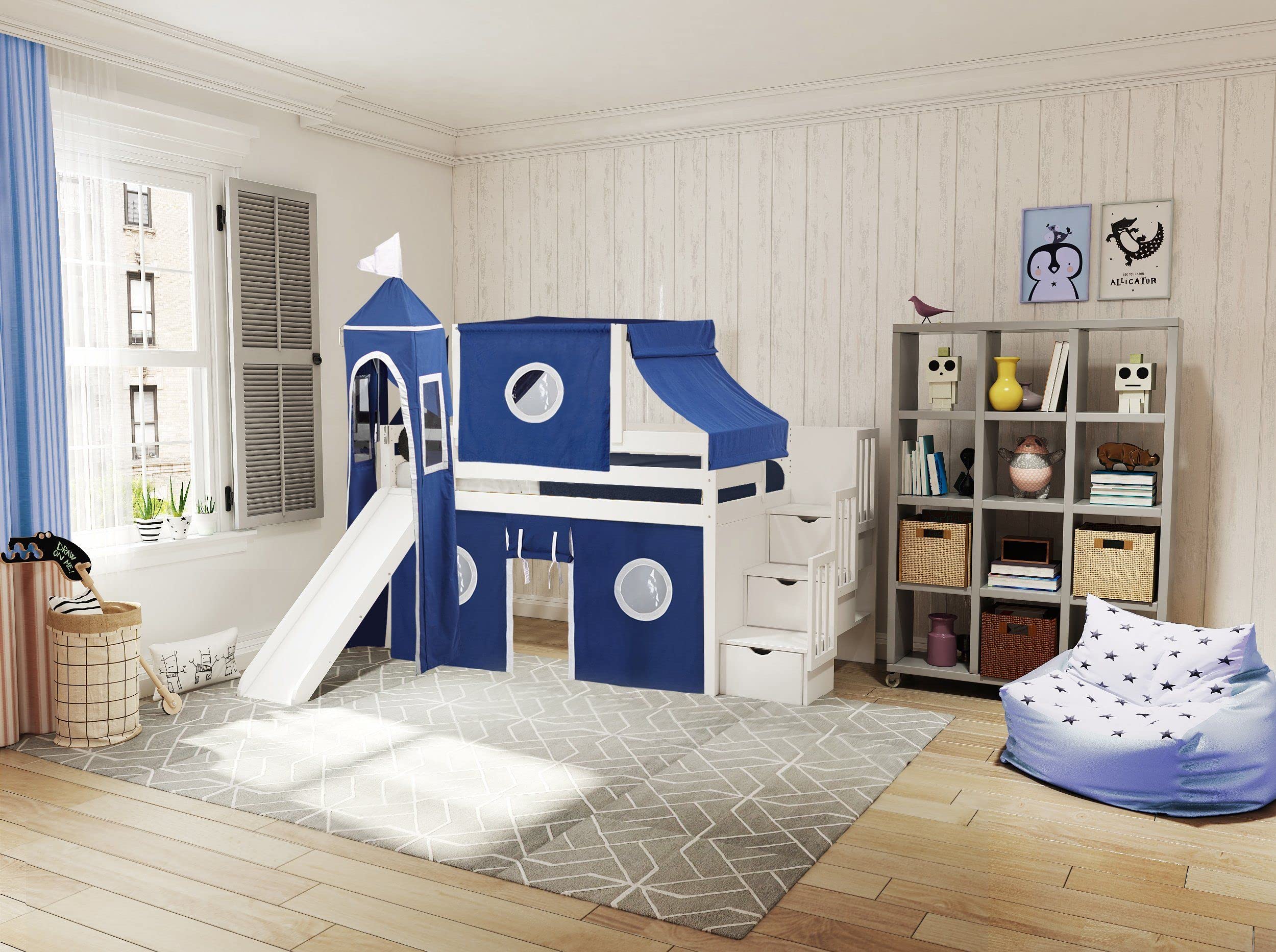 JACKPOT! Castle Themed Low Loft Stairway Bed with Slide - Blue & White Play Tent & Tower - Twin Size Loft Bed in White - Perfect for Kids' Bedroom & Playroom Adventures