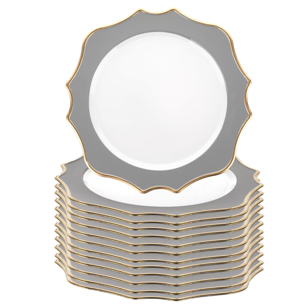 Koyal Wholesale 12-Pack Modern Scallop Charger Plates - French Style Rustic Farmhouse Dinnerware, Ornate Decorative Plates for Wedding, Party & Holiday Table Setting (Gray)