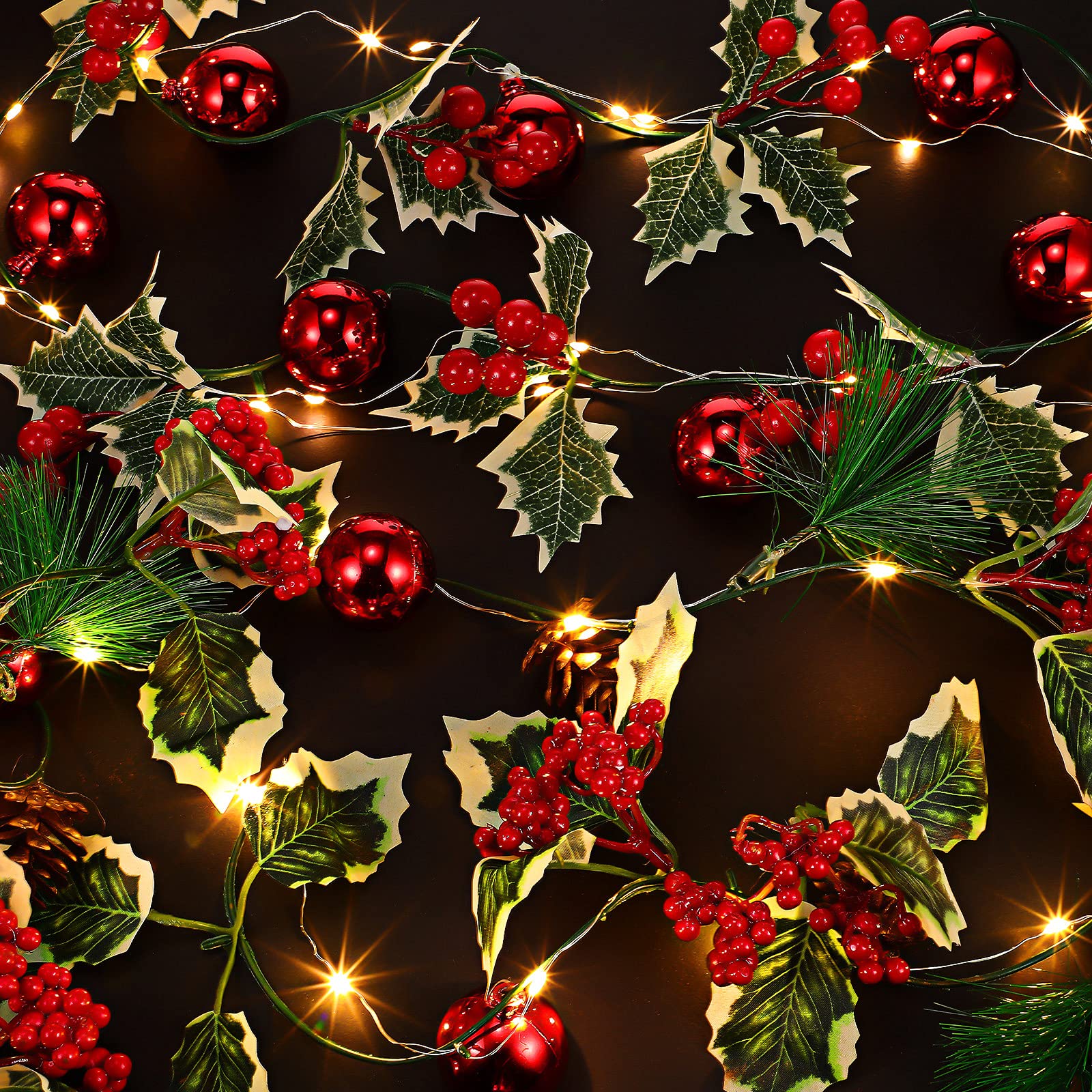 2 Pack 6.6ft Battery Operated Christmas Garland Lights with Pinecones & Red Berries - Waterproof Fairy String Lights for Indoor Outdoor Xmas Tree, Party, Mantel, Window, Door Decorations (Warm White)