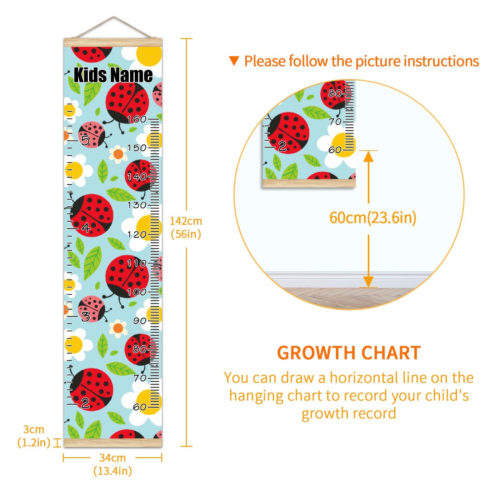 Personalized Kids Name Growth Chart Ruler - Wood Frame Wall Height Measure 13.4x56 Inches - Linen Hanging Growth Tracker with Ladybugs & Flowers Decor - Perfect for Nursery, Bedroom, Playroom & Gift Ideas