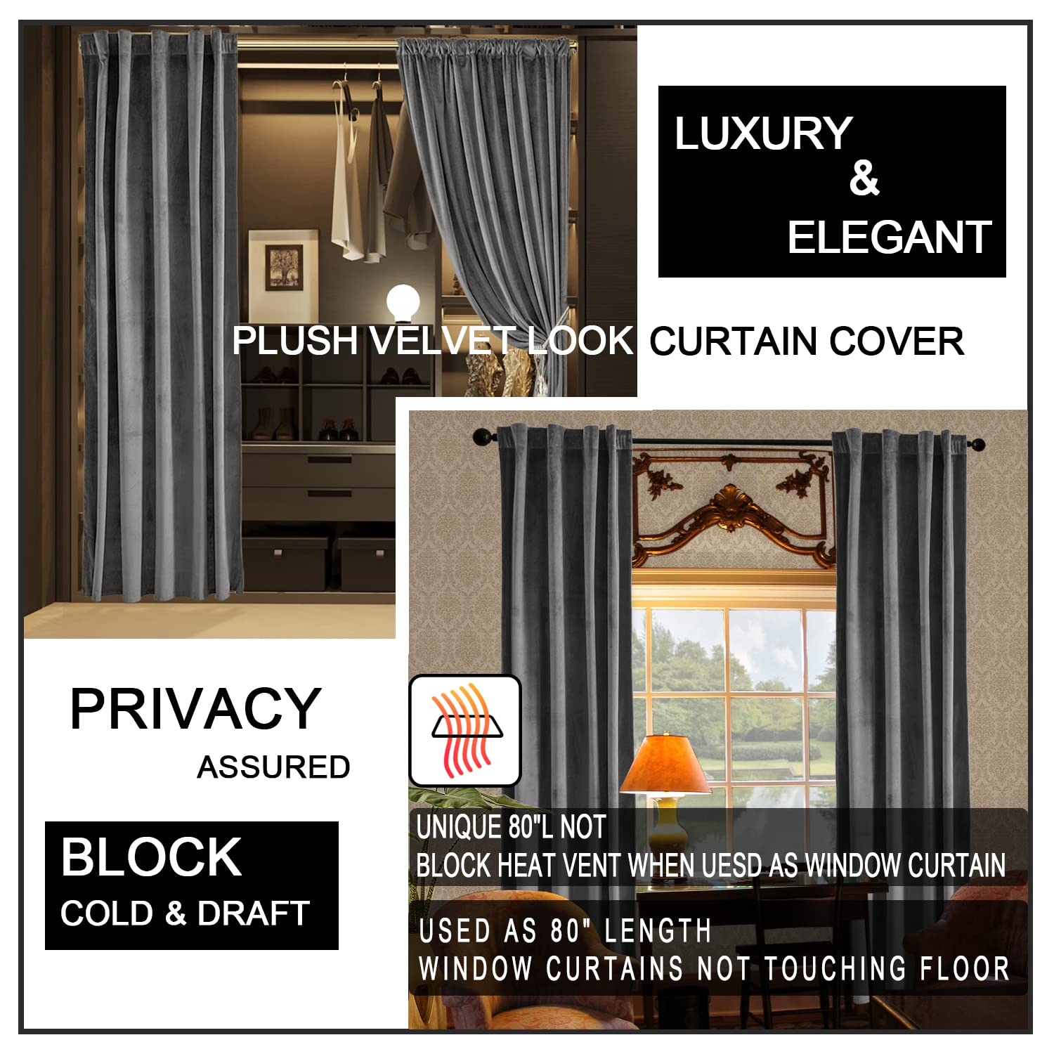 XTMYI Grey Velvet Privacy Room Divider Curtains - Soundproof Folding Screen for Office, Bedroom & Living Room | Back Tab Door Hanging Panel for Indoor Partition (60-70% Noise Reduction) - Perfect for Home Offices, Studio Apartments & Room Separation