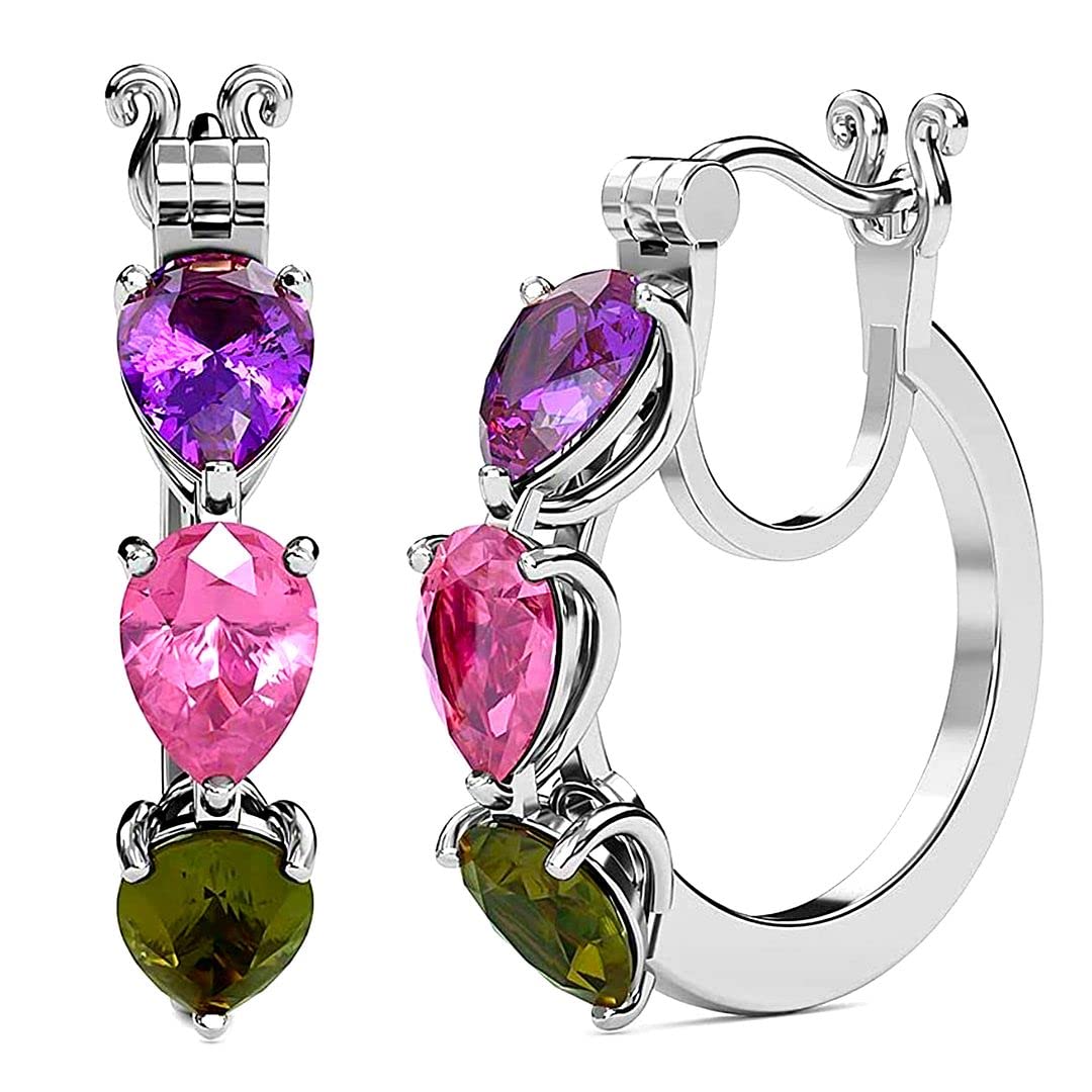 Platinum Plated 925 Sterling Silver Cubic Zirconia Hoop Earrings for Women - Multicolor CZ Gemstone Huggie Hoops - Elegant Costume Jewelry for Birthday Gifts & Everyday Wear