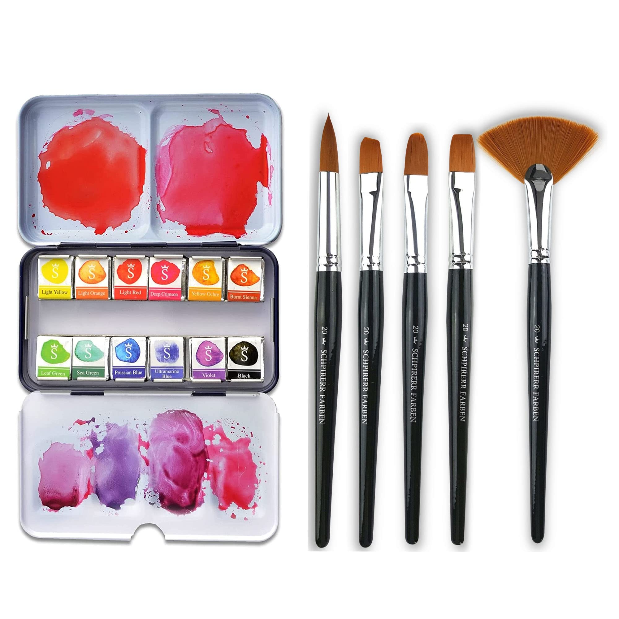 **SCHPIRERR FARBEN 12-Color Watercolor Paint Set with 5 Professional Size 20 Paint Brushes - Premium Watercolor Kit for Beginners & Artists - Perfect for Sketching, Painting & DIY Art Projects**