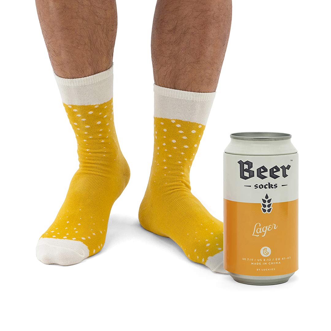 Luckies of London Novelty Beer Socks for Men - Funny & Comfortable Crew Socks - Perfect Gift for Beer Lovers - Great for Halloween, Christmas & Casual Wear - Breathable Cotton Blend Socks for Everyday Use, Parties & Gag Gifts