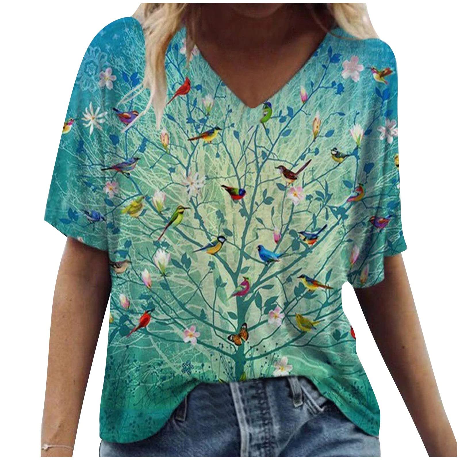 WPOUMV Women's Summer Short Sleeve V-Neck Blouse - Trendy Colorful Floral Printed Casual Loose Comfortable T-Shirt | Perfect for Beach Outings, Date Nights & Summer Vacations