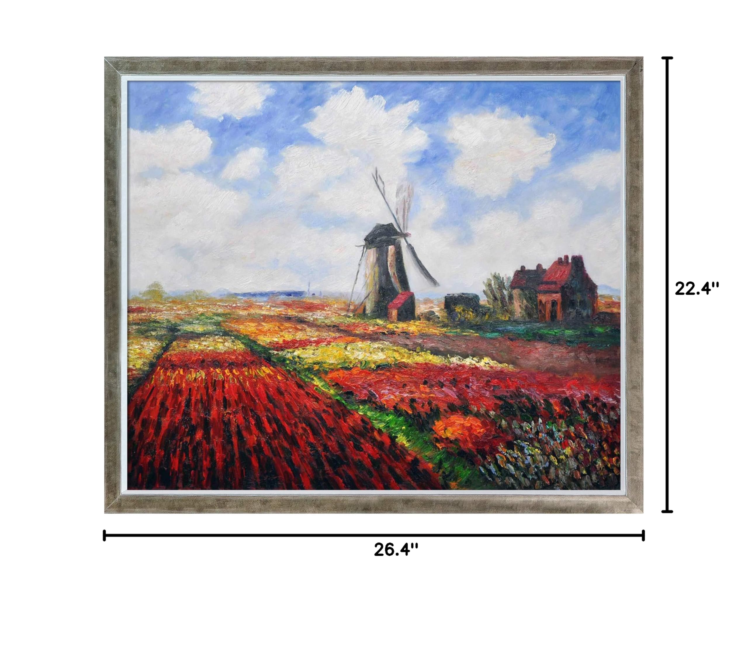 La Pastiche Hand-Painted Tulip Field with Rijnsburg Windmill Oil Painting Reproduction - 20x24 Inch Framed Wall Art, Champagne Silhouette - Perfect for Living Room, Bedroom & Office Decor