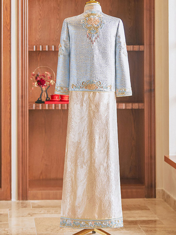 Exquisite Jacquard Beaded Men's Traditional Chinese Wedding Qun Kwa Jacket & Skirt Set - Perfect for Asian Ceremonies, Cultural Events & Photoshoots