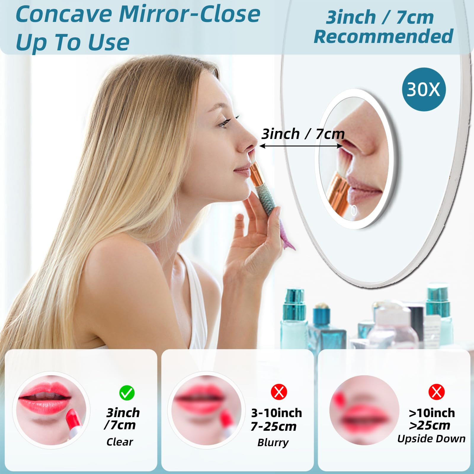 30x Magnifying Mirror with Light - 3 Modes, Rechargeable for Travel & Makeup