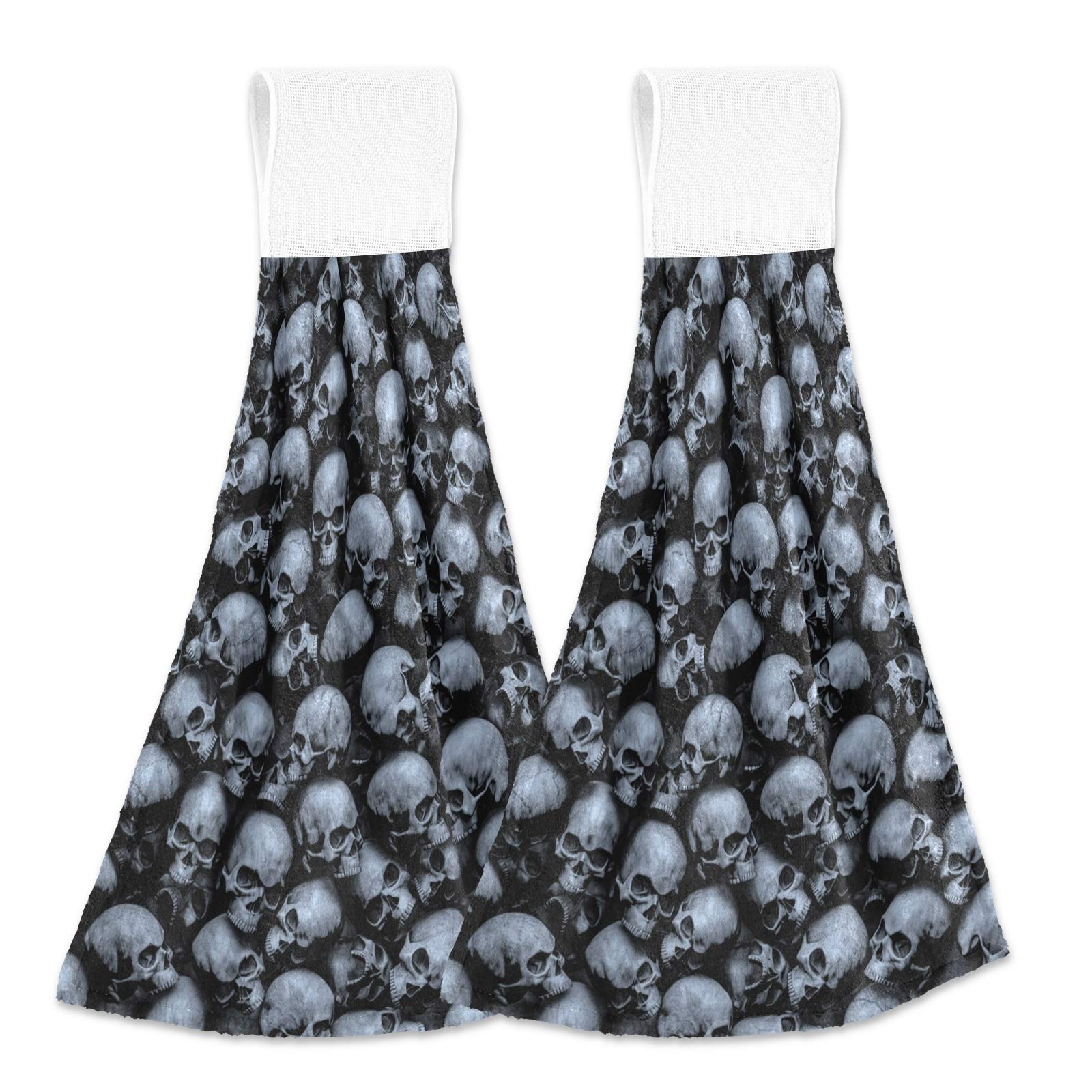 Oarencol Halloween Skull Kitchen Hand Towels - 2 Pack Day of The Dead Absorbent Cotton Hanging Towels with Loops for Bathroom, Kitchen & Halloween Decor