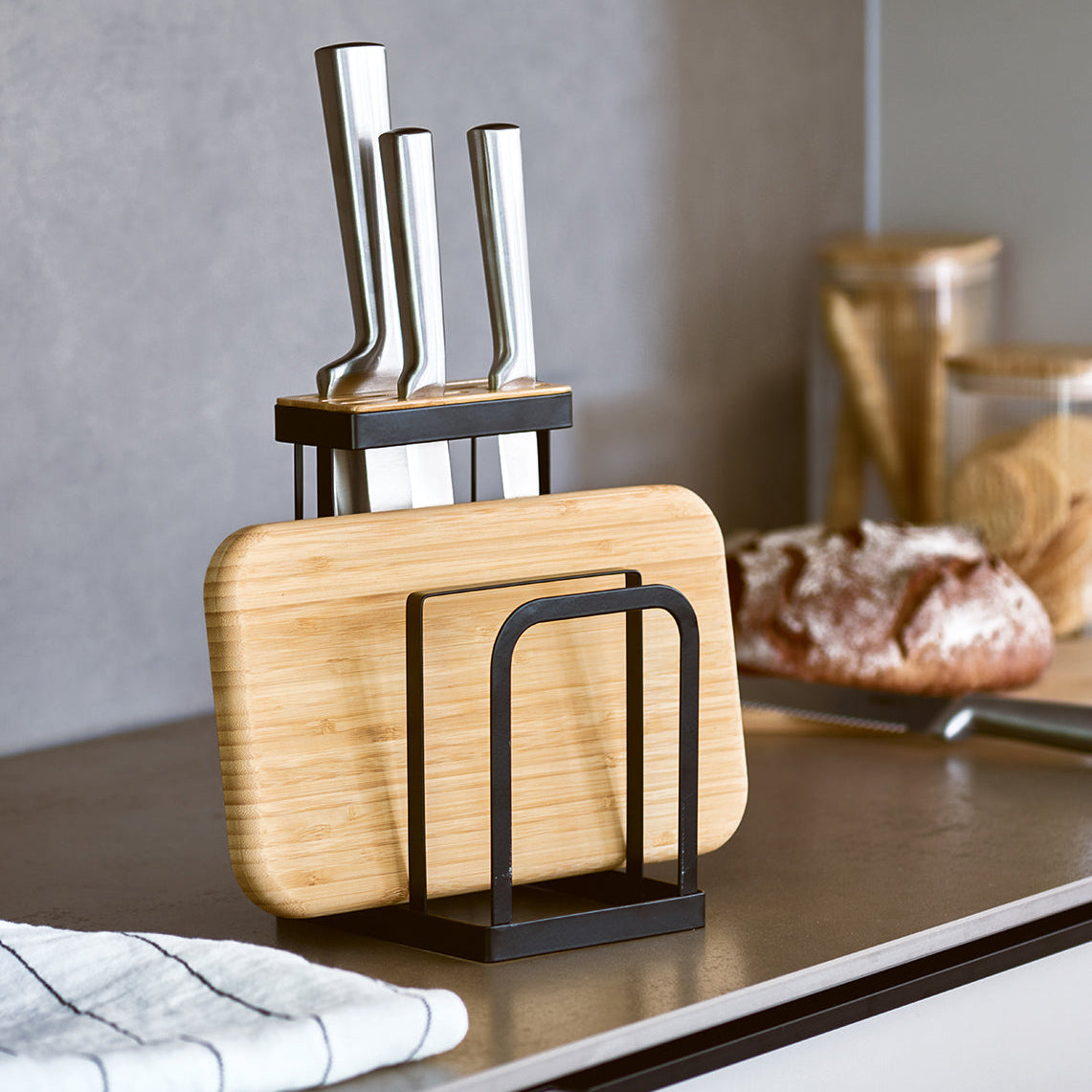 Premium Knife Block and Cutting Board Stand Set - Durable Metal & Bamboo Construction in Sleek Black | Perfect for Kitchen Organization & Food Prep