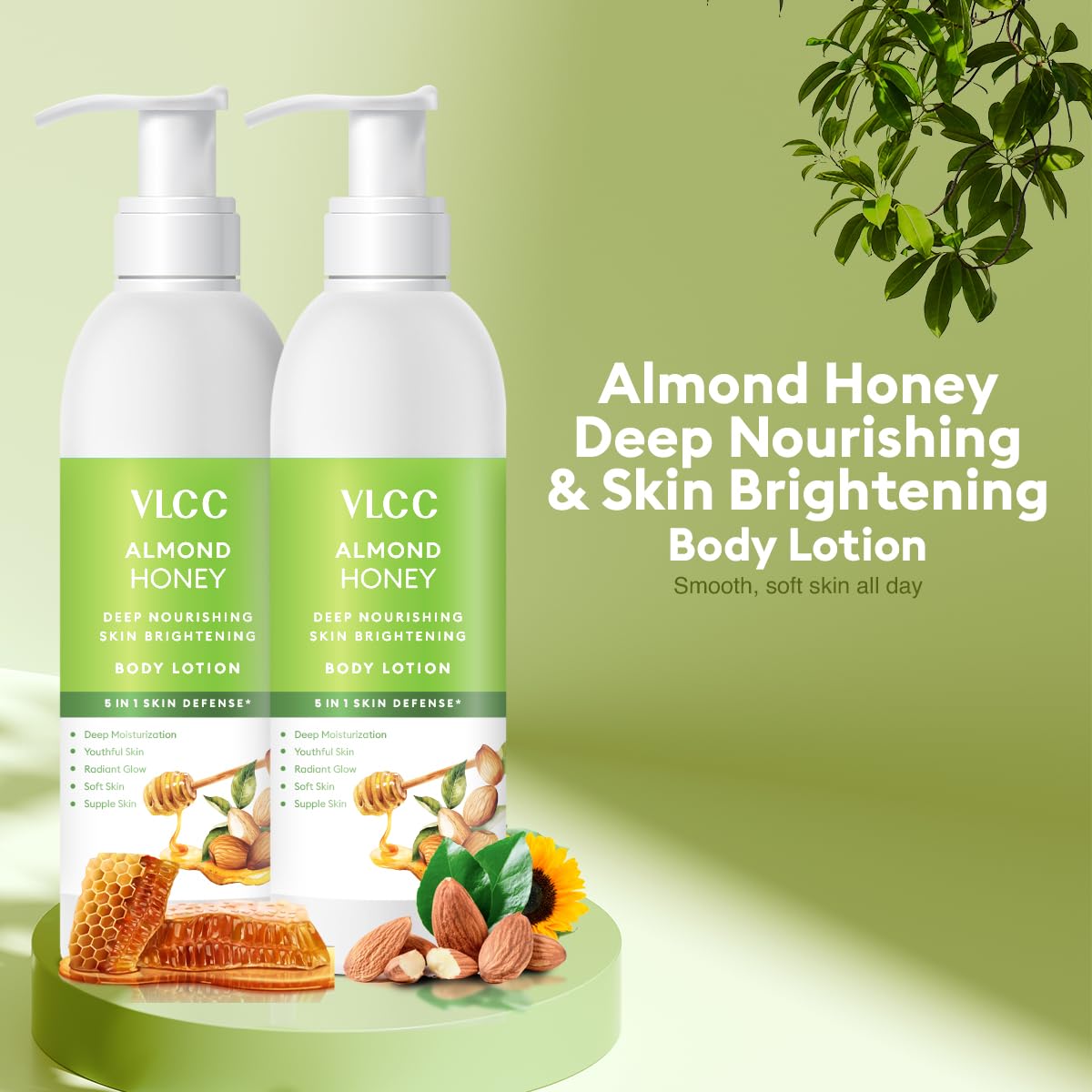 VLCC Almond Honey Deep Nourishing & Skin Brightening Body Lotion - 350ml x 2 | Moisturizing Cream with Almond Oil, Honey, Cocoa Butter & Aloe Vera | For Dry Skin, Dull Skin & Anti-Aging | Daily Hydration for Soft, Glowing & Youthful Skin | Perfect for Winter Care & Nighttime Moisturizing