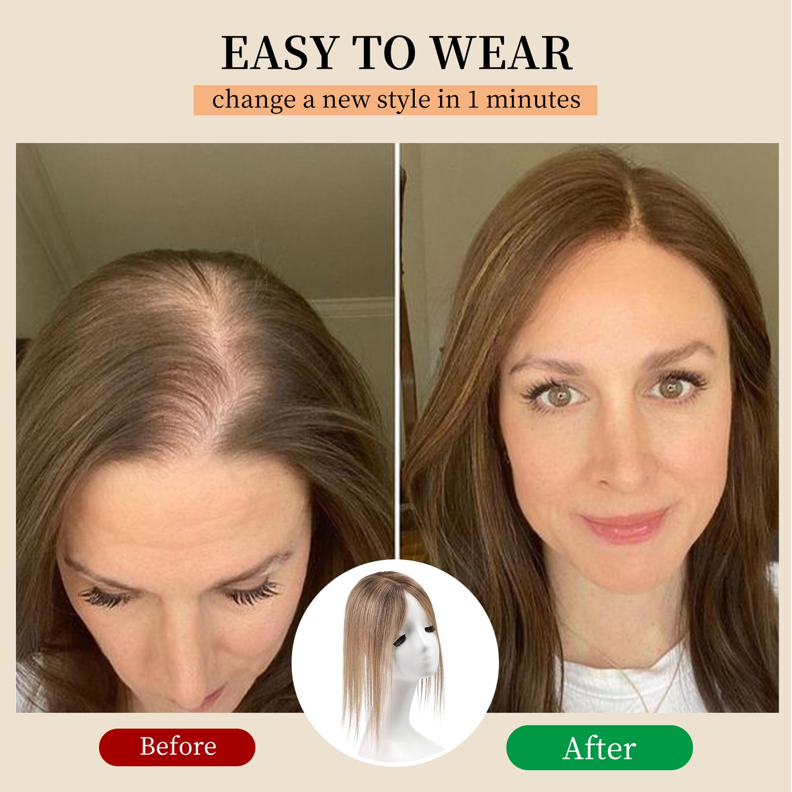 KKU Real Human Hair Toppers for Women - Handcrafted Breathable Hairpiece for Thinning Hair, Adds Volume & Natural Look | Perfect for Daily Wear, Special Occasions & Hair Loss Solutions