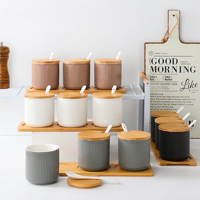 Nordic Style 3-Piece Condiments Pots Set with Wooden Tray - Ceramic Salt & Pepper Shakers, Spice Jars for Kitchen Countertop - Perfect for Dining Table, Coffee Bar, and Home Decor