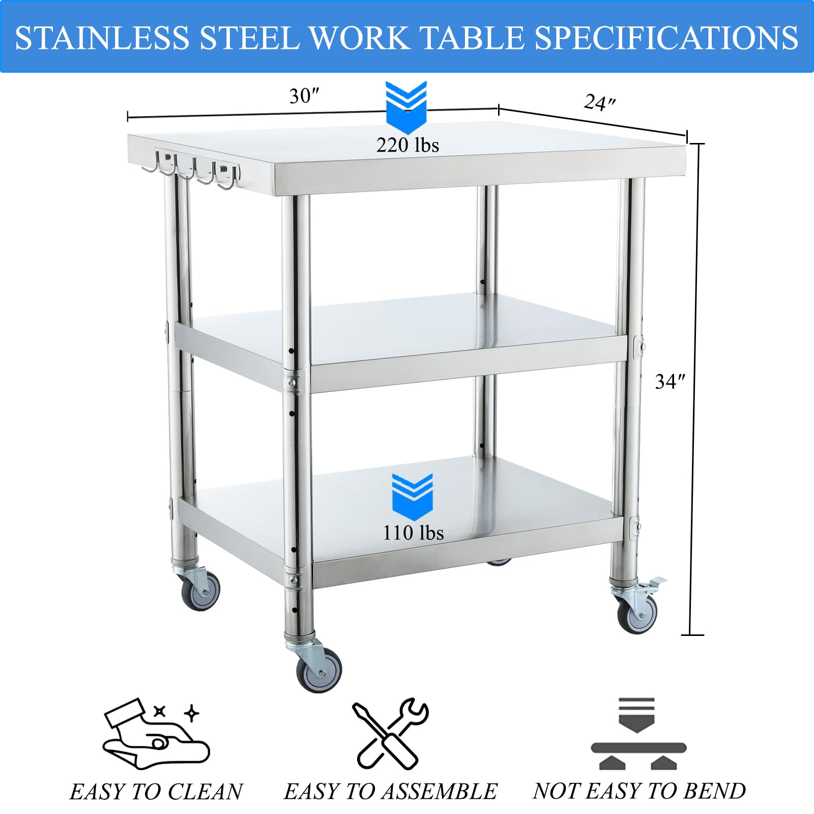 30x24 Inch 3-Stage Adjustable Stainless Steel Work Table with Wheels - Silver Commercial-Grade Kitchen Prep Table for Restaurants, Food Trucks & Home Use