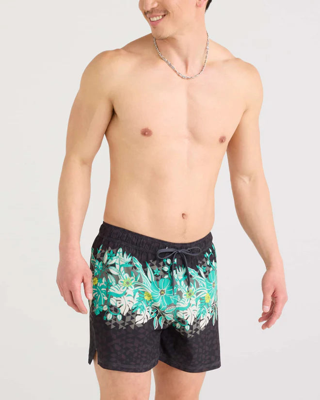 Saxx 5 Inch Oh Buoy 2-in-1 Volley Swim Trunks for Men - Diamondhead Black - Quick Dry Beach Shorts for Swimming, Surfing & Summer Vacation