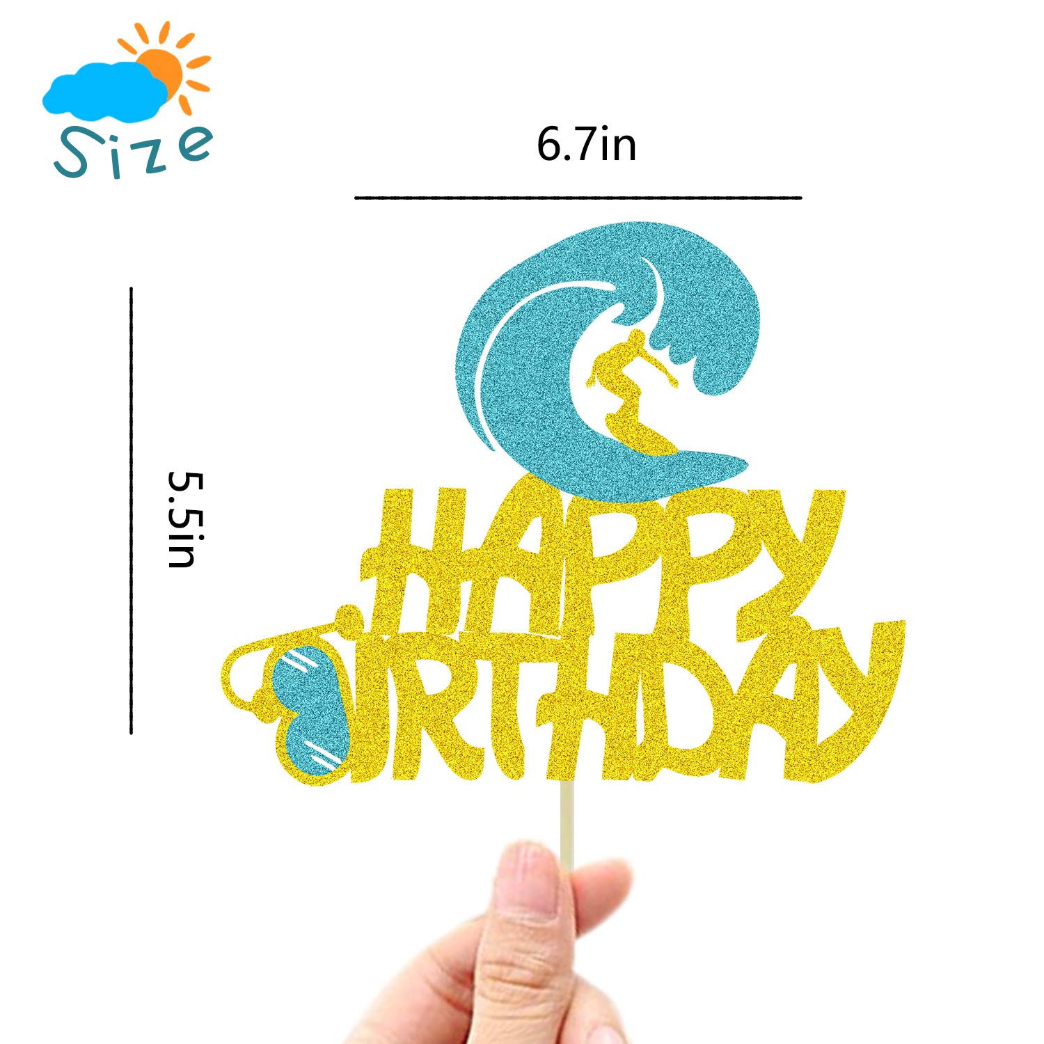 Glitter Double-Sided Happy Birthday Surfboard Cake Topper - Perfect for Summer Beach, Surfing & Hawaii Themed Party Decorations | Ideal for Birthday Cakes, Cupcakes, and Dessert Table Displays