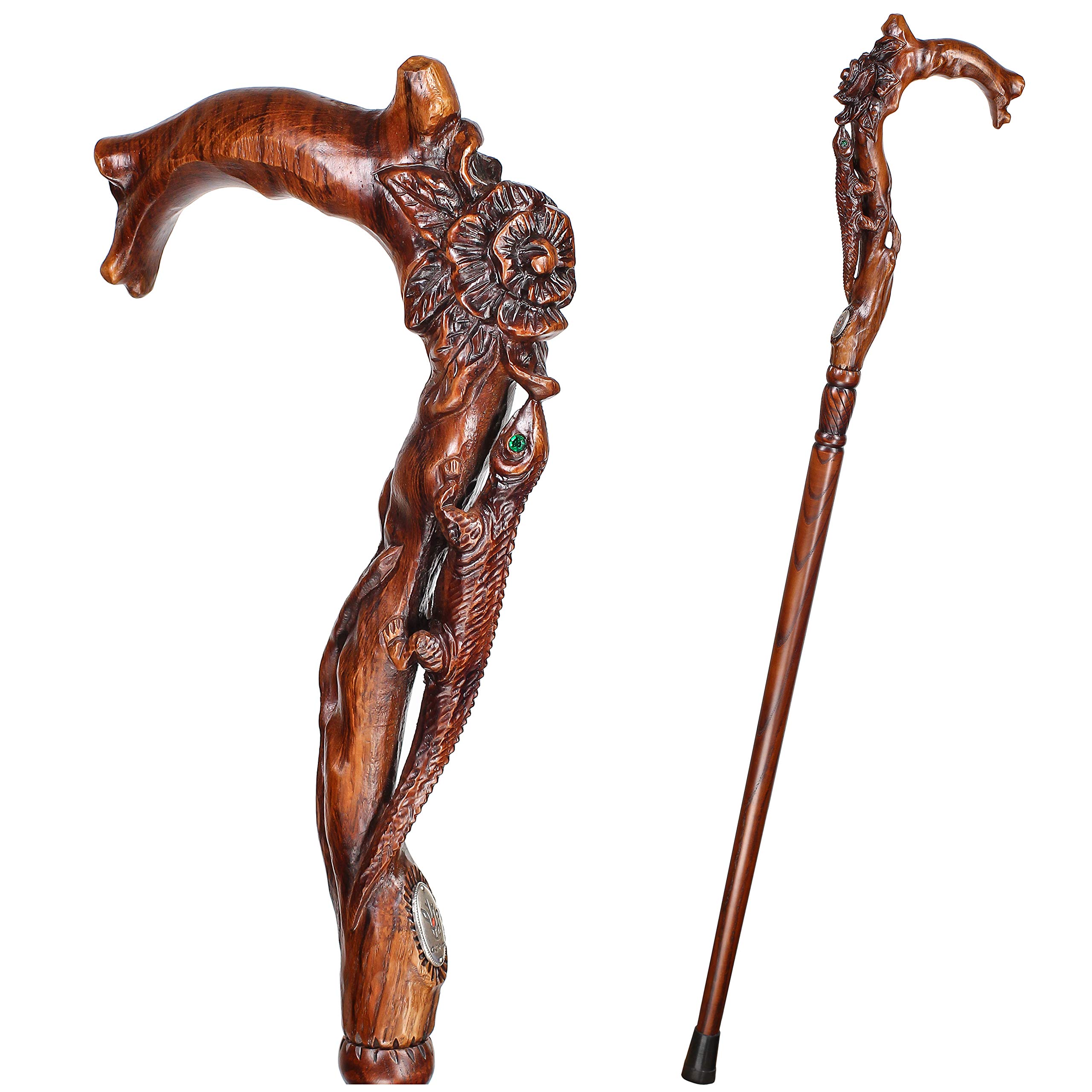 Hand Carved Wooden Walking Cane for Women - Elegant Floral & Lizard Design - Perfect for Hiking, Fashion Accessory, and Elderly Support
