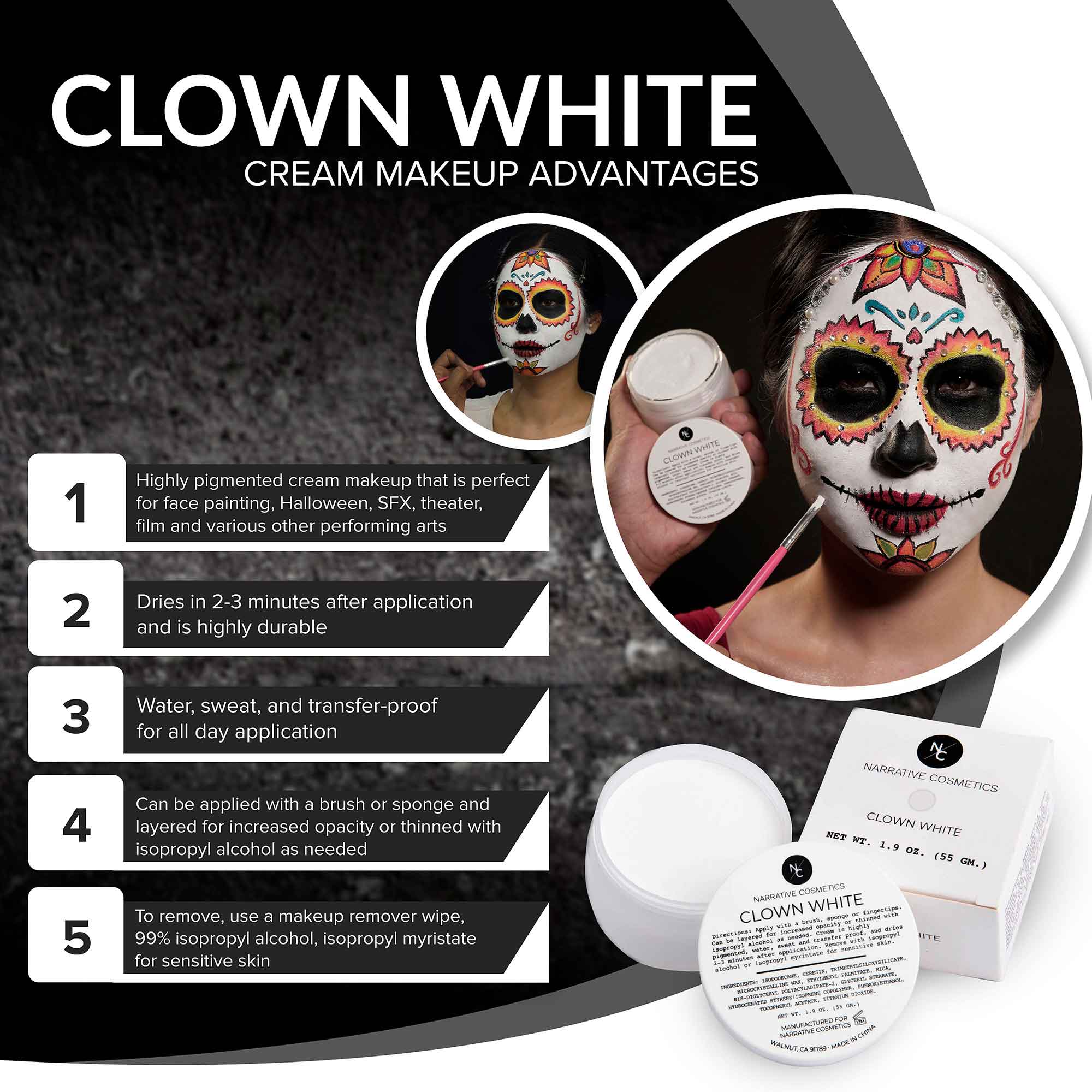 Quick Drying Clown White Cream Makeup - Professional Waterproof Face Paint for Halloween, Cosplay & Theater Performances