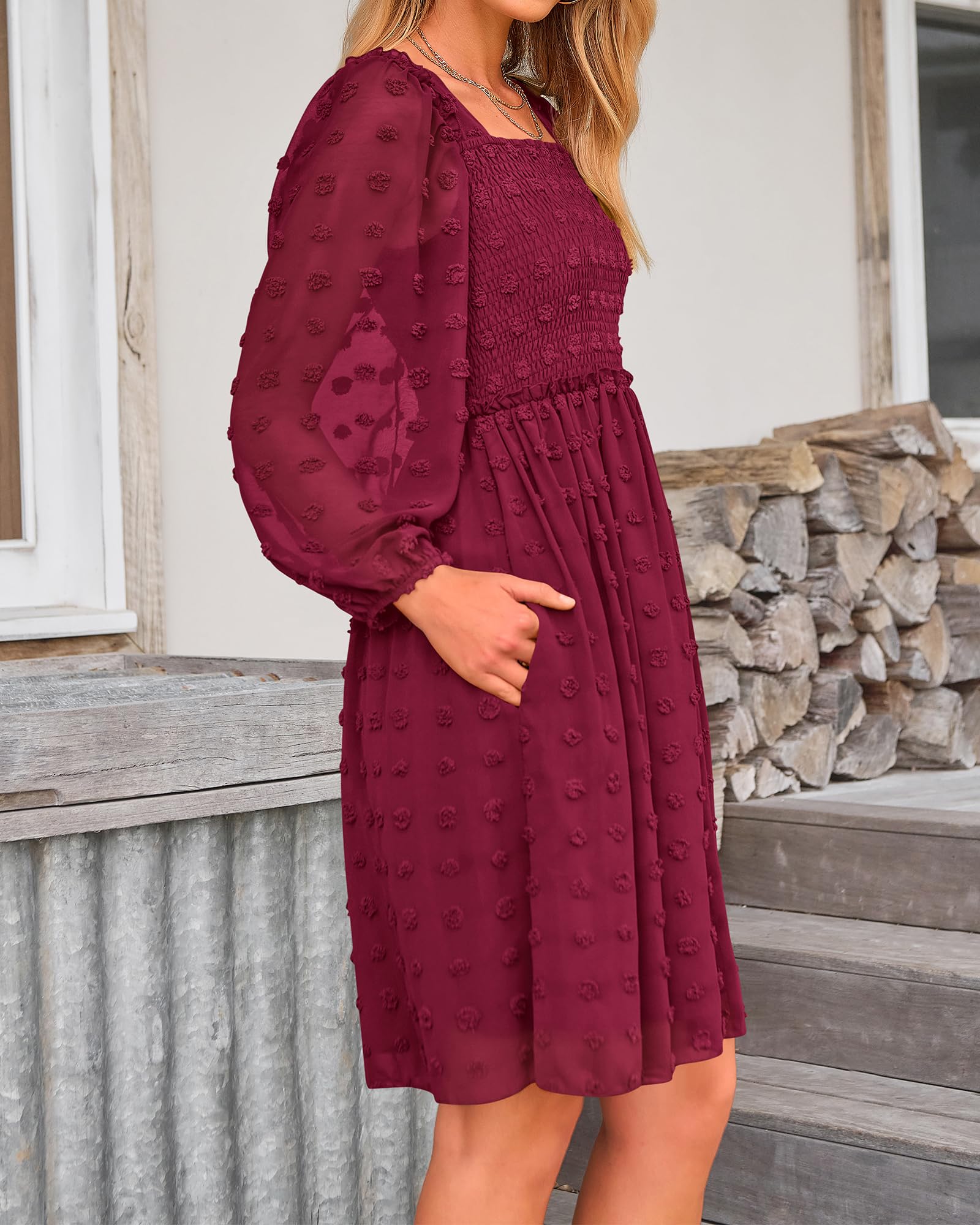 BTFBM Women's Floral Swiss Dot Square Neck Smocked Mini Dress - Long Sleeve Boho Wedding Guest Dress for Spring & Summer 2025 | Perfect for Garden Parties, Bridal Showers & Casual Events