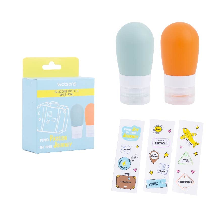 WATSONS Silicone Travel Bottle Set (60ml, 2 Pack) - Leak Proof Portable Containers for Shampoo, Lotion & Toiletries - Perfect for Airplane Carry On, Gym Bag & Vacation Essentials