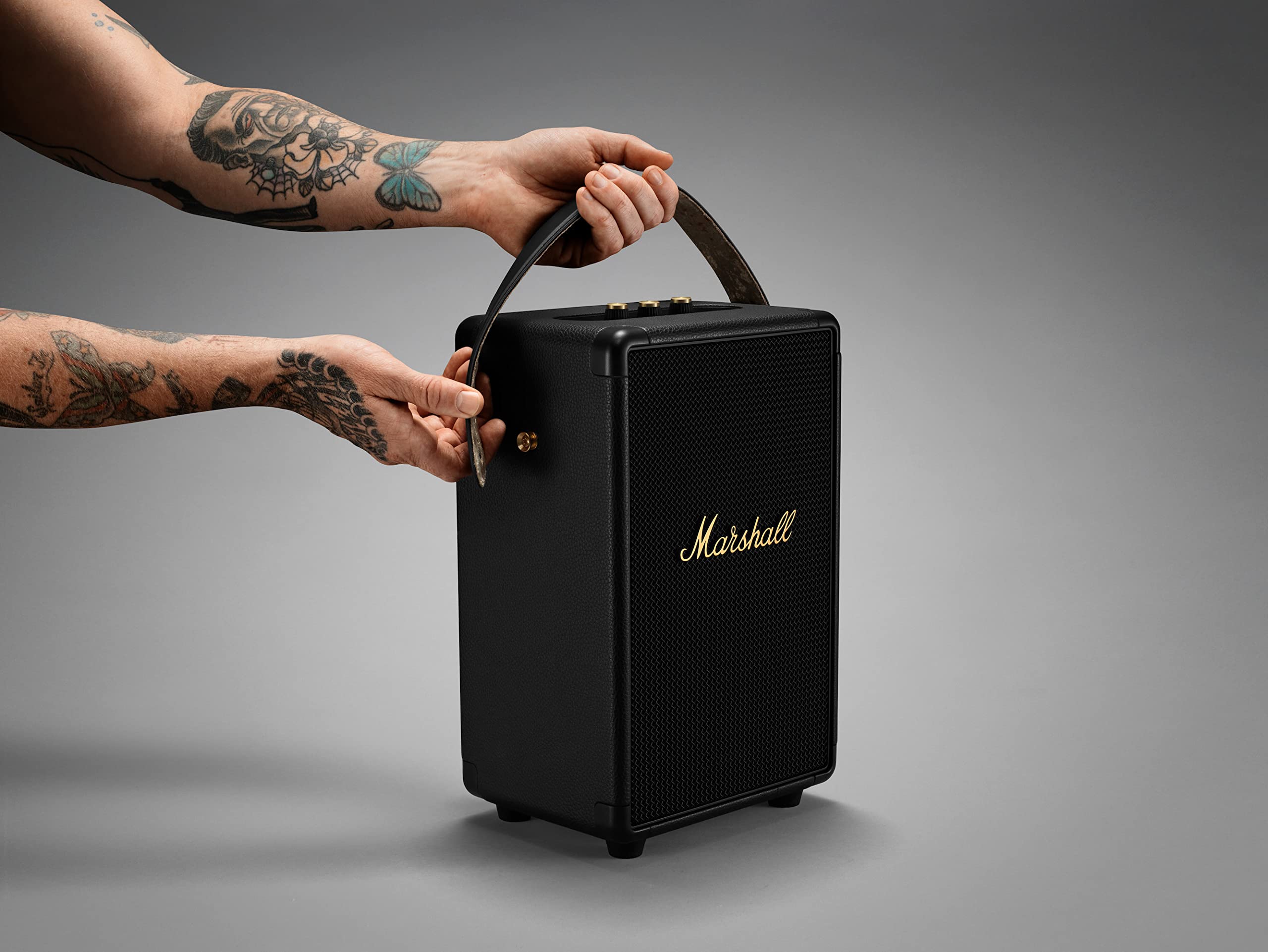 Marshall Tufton Portable Bluetooth Speaker - Wireless Outdoor Speaker with Rich Bass, 20+ Hours Playtime, IPX4 Waterproof, Black & Brass Finish - Perfect for Camping, Beach Parties & Home Entertainment