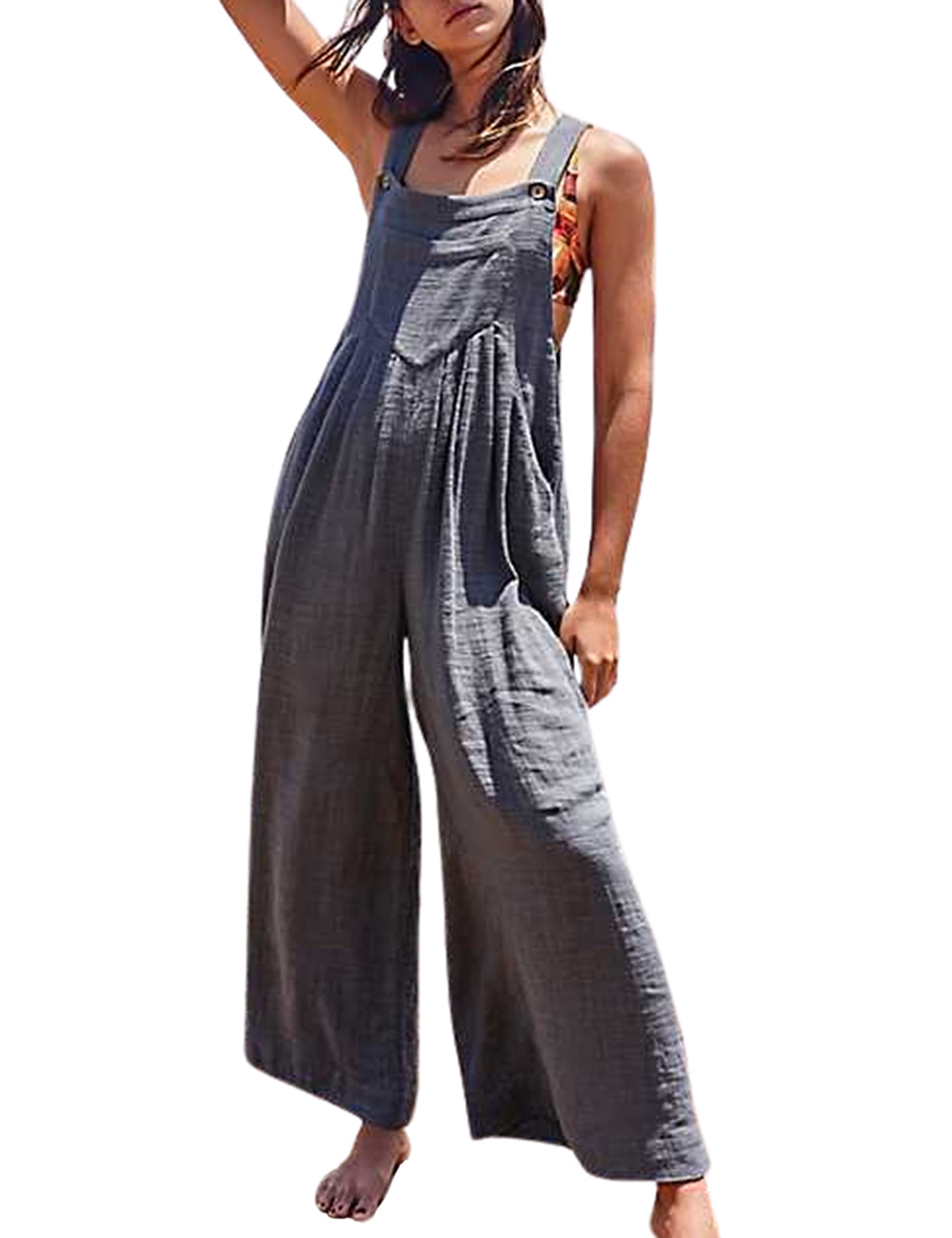 Himosyber Women's Patchwork Jumpsuit with Dual Pockets - Loose Fit Floral Print Bohemian Wide Leg Bib Overalls for Casual Outings & Festivals