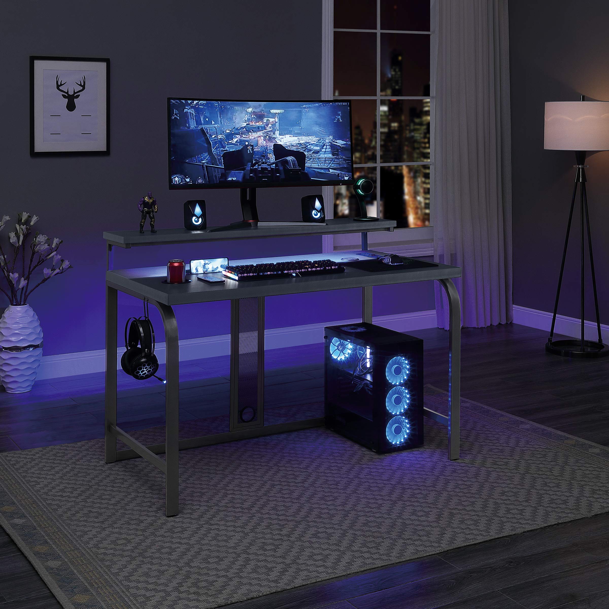 OSP Home Furnishings Reload Gaming Desk with Wireless Charging, USB Power Hub & RGB LED Lights - Remote Control, Matte Grey Carbon Fiber Surface | Perfect for PC Gaming Setup, Home Office & Streaming Station