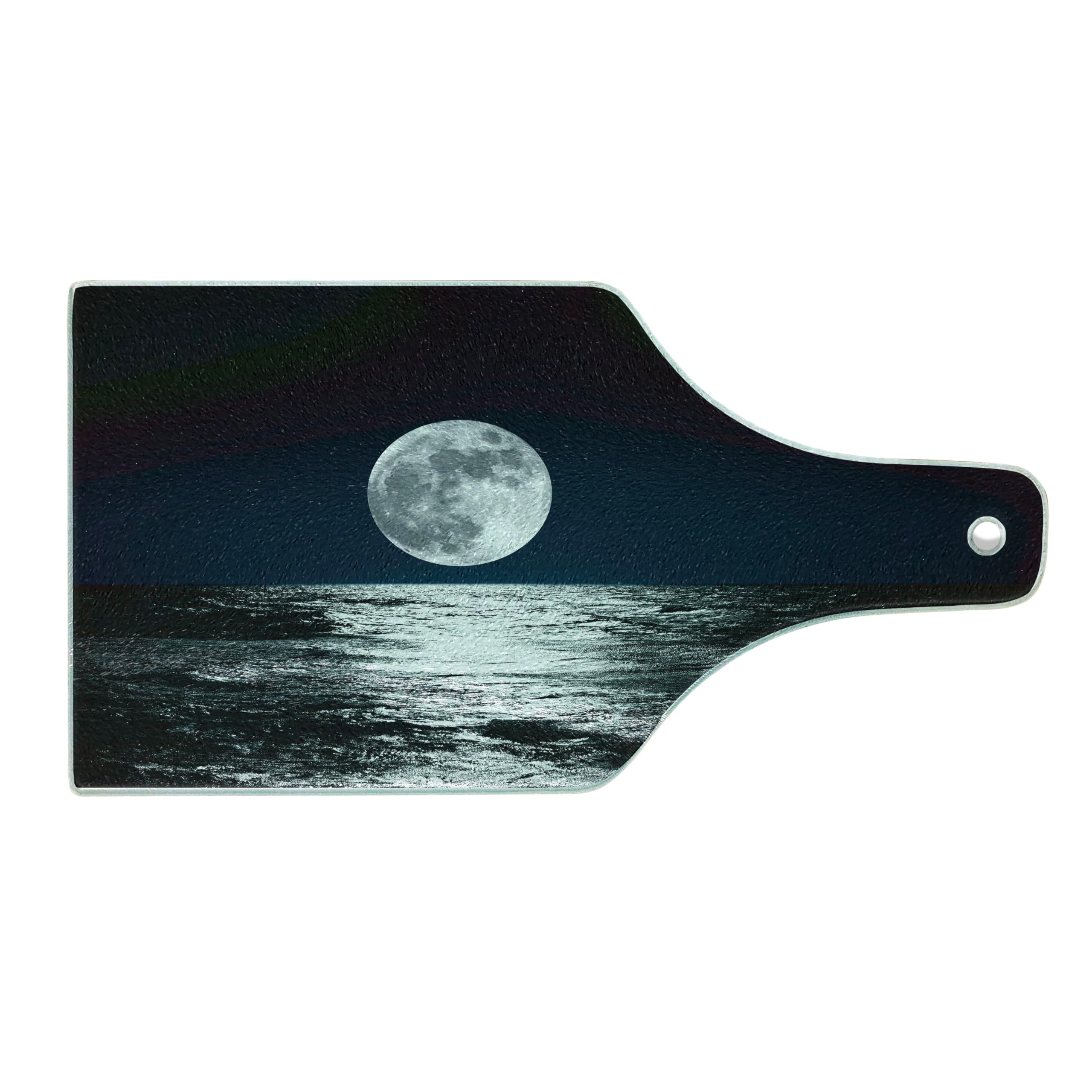Ambesonne Moon Tempered Glass Cutting Board - Large Wine Bottle Shape with Ethereal Moon & Sea Reflection Design - Dark Blue Black White Decorative Serving Board for Kitchen, Dining & Party Entertaining