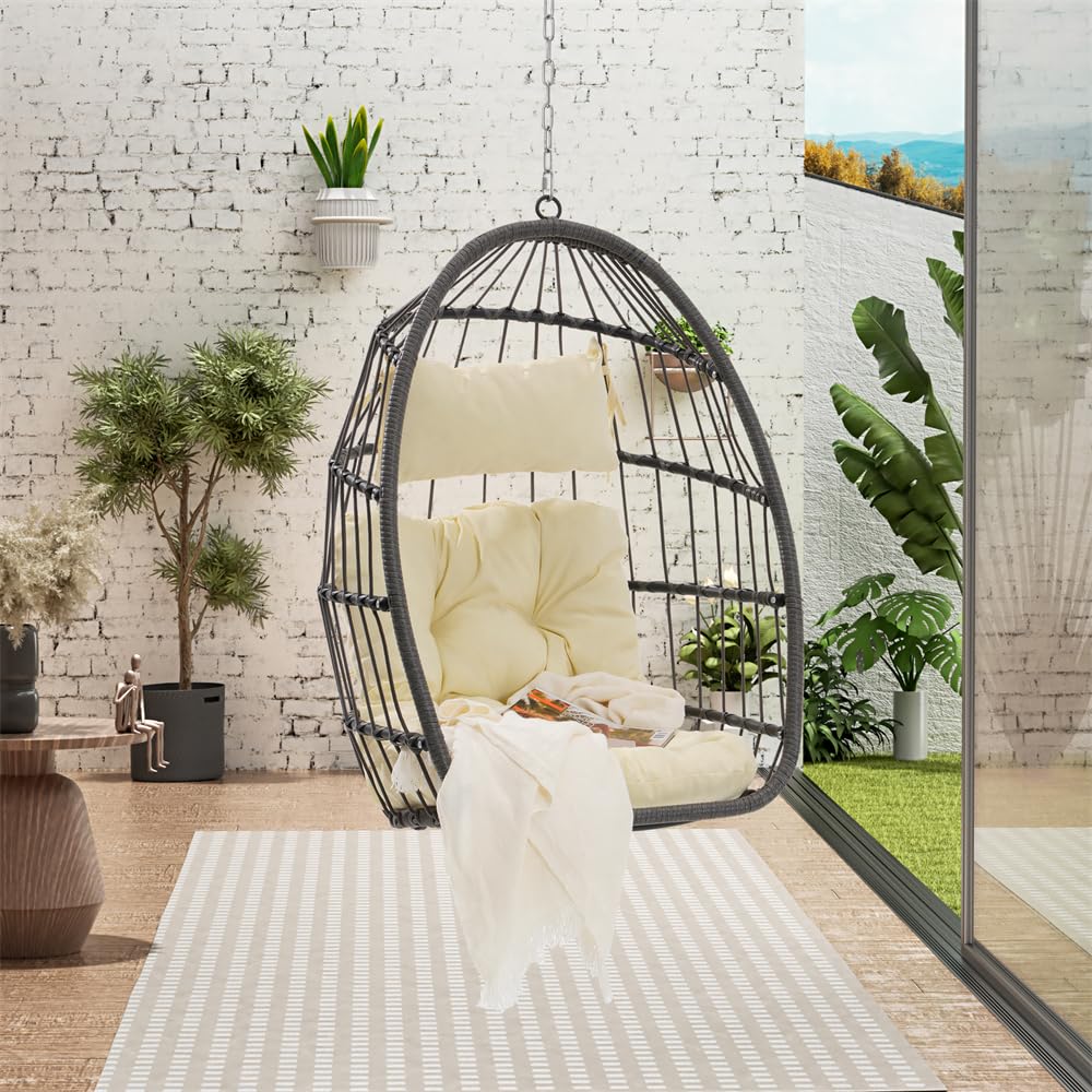 Foldable Rattan Wicker Egg Swing Chair with Cushion & Pillow - Patio Hanging Chair for Indoor Bedroom, Outdoor Garden & Backyard (Khaki) | Perfect for Relaxing, Reading & Lounging