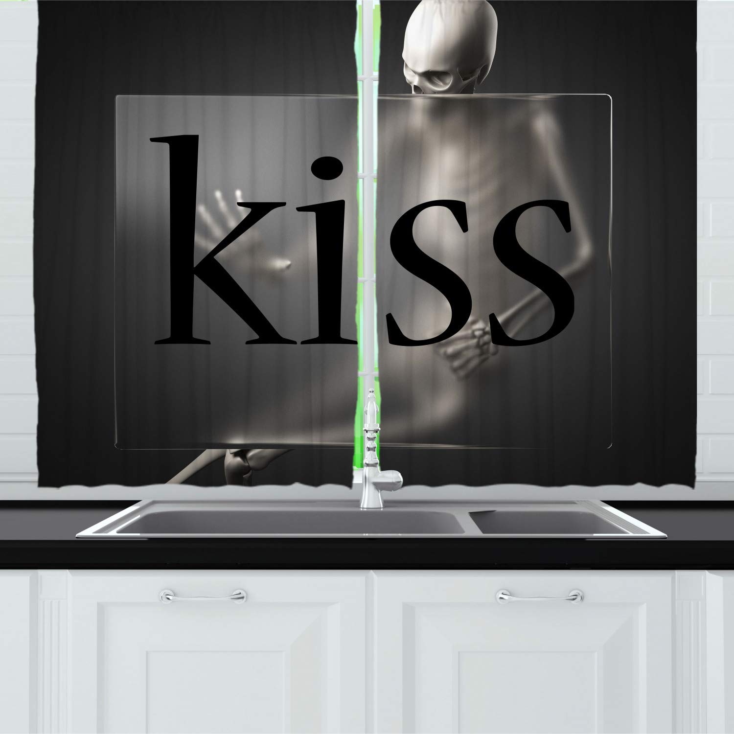 Ambesonne Gothic Skeleton Kissing Kitchen Curtains - Bone Man Behind Frosted Glass Horror Design - 2 Panel Rod Pocket Drapes 55x45 Inches - Dark Grey & Eggshell - Perfect for Halloween Decor, Gothic Home, Horror Themed Rooms & Spooky Kitchen Windows