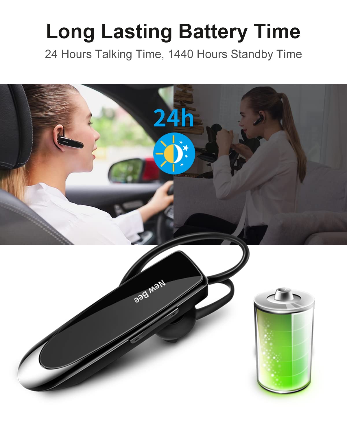 [2 Pack] Bluetooth 5.0 Wireless Earpiece Headset with Microphone - 24H Battery Life, 60 Days Standby - Hands-Free Driving Headset for iPhone, Android, Samsung - Perfect for Commuting, Trucking & Business Calls