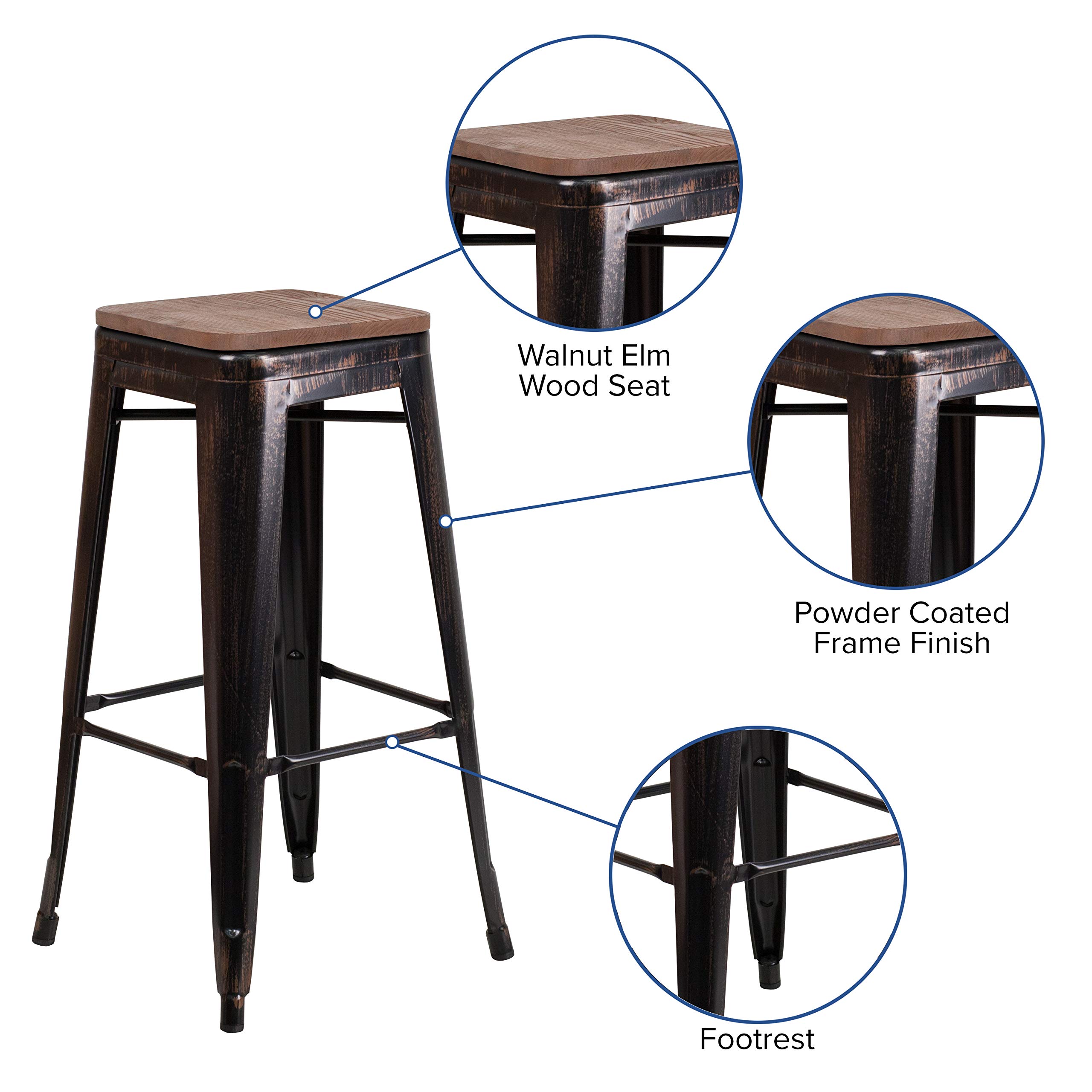 EMMA + OLIVER 30 Inch H Backless Bar Stool - Black & Antique Gold Metal Frame with Wooden Seat - Perfect for Kitchen Islands, Breakfast Bars & Home Decor