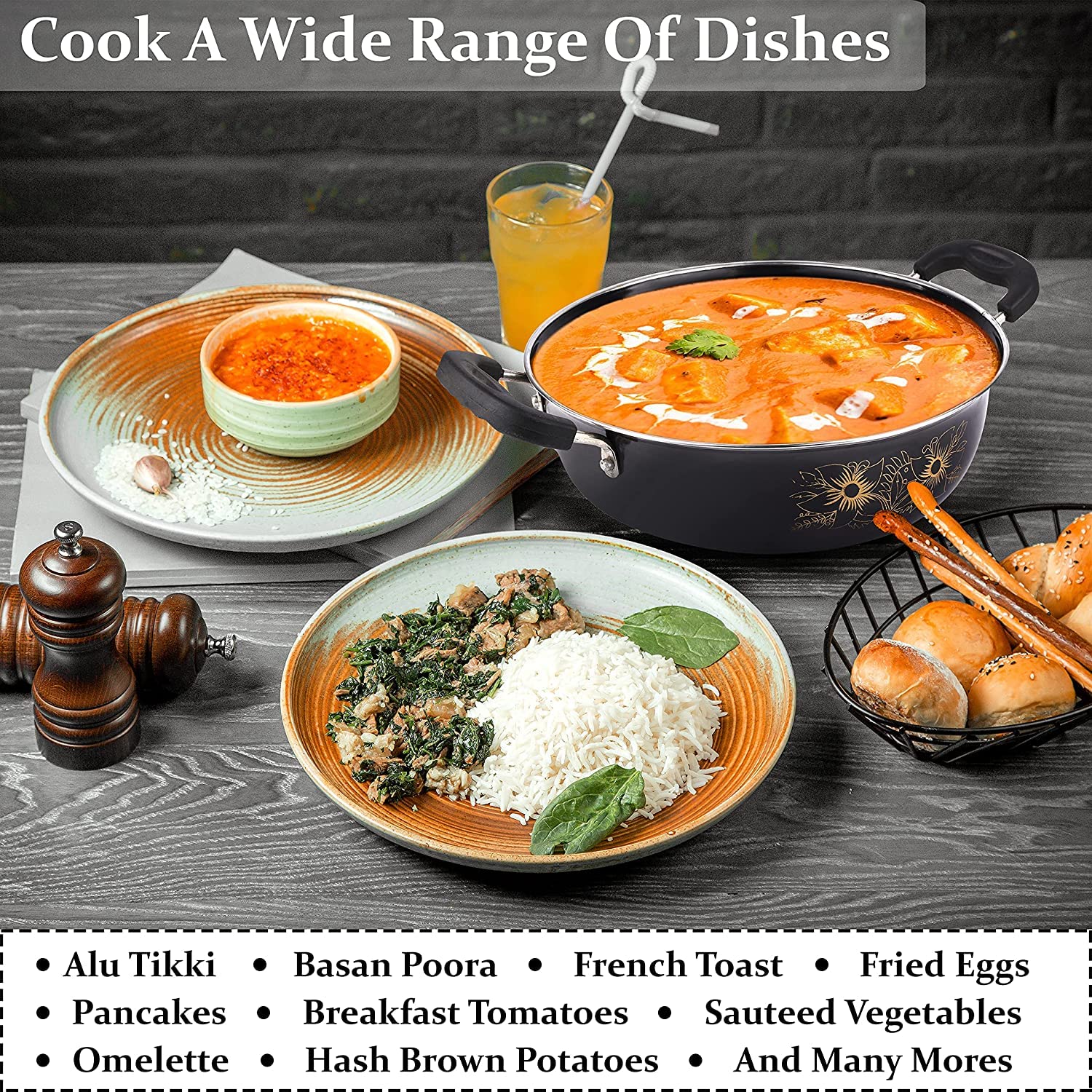 5-Piece Non-Stick Kitchen Cookware Set - Induction Compatible Kadai with Lid, Fry Pan, Tawa, Sauce & Tadka Pan - Ceramic Hard Anodized Cast Iron Utensils for Indian Cooking, Frying & Sauteing - Perfect for Home Chefs & Restaurant Use