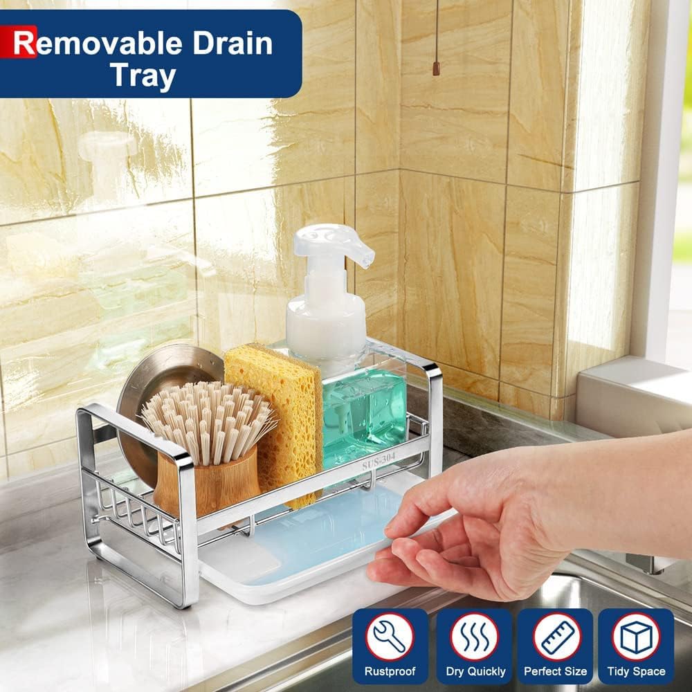 304 Stainless Steel Kitchen Sink Organizer & Sponge Holder - Sink Caddy with Removable Tray, Drainer Rack for Brushes & Soap - Perfect for Kitchen Organization & Countertop Storage (Dispenser & Brush Not Included)
