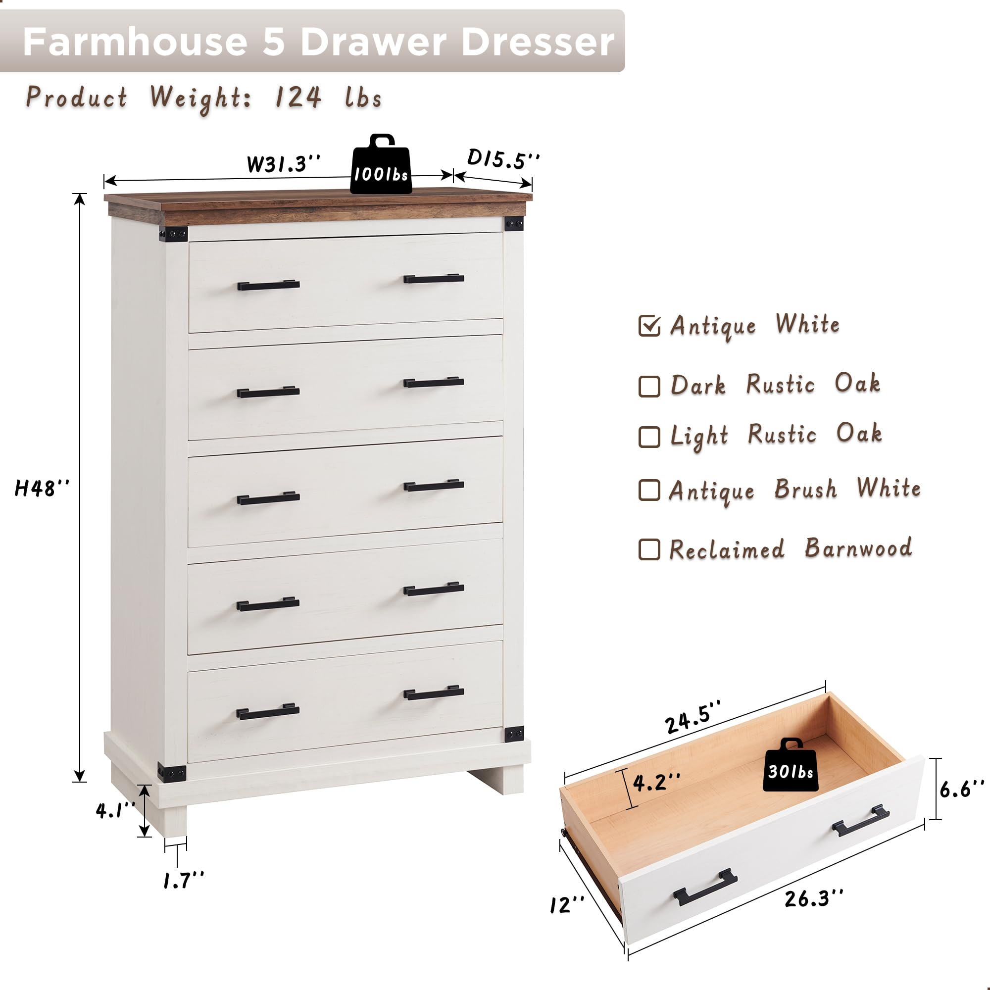 Farmhouse 5-Drawer Wood Dresser for Bedroom - Tall Chest of Drawers with Thick Plank Design, Rustic Closet Storage Organizer in Antique White - Perfect for Bedroom, Living Room & Guest Room Furniture